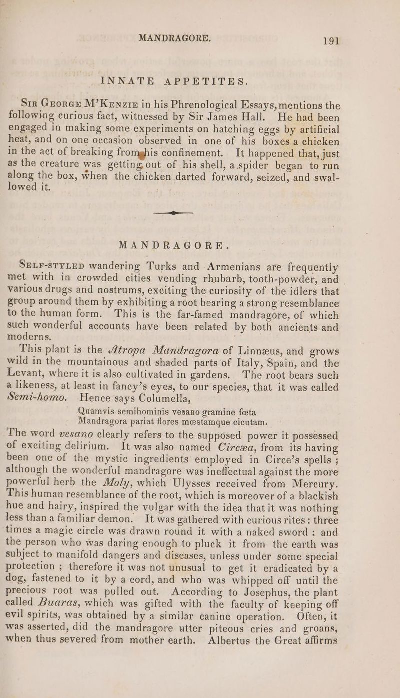 INNATE APPETITES. Sir Grorcx M’Kenzrrz in his Phrenological Essays, mentions the following curious fact, witnessed by Sir James Hall. He had been engaged in making some experiments on hatching eggs by artificial heat, and on one occasion observed in one of his boxes a chicken in the act of breaking fromghis confinement. It happened that, just as the creature was getting,out of his shell, a spider began to run along the box, when the chicken darted forward, seized, and swal- lowed it. ; MANDRAGORE. SELF-STYLED wandering Turks and Armenians are frequently met with in crowded cities vending rhubarb, tooth-powder, and various drugs and nostrums, exciting the curiosity of the idlers that group around them by exhibiting a root bearing a strong resemblance to the human form. This is the far-famed mandragore, of which such wonderful accounts have been related by both anciénts and moderns. This plant is the tropa Mandragora of Linneus, and grows wild in the mountainous and shaded parts of Italy, Spain, and the Levant, where it is also cultivated in gardens. ‘The root bears such a likeness, at least in fancy’s eyes, to our species, that it was called Semi-homo. Hence says Columella, Quamvis semihominis vesano gramine fata Mandragora pariat flores meestamque cicutam. The word vesano clearly refers to the supposed power it possessed of exciting delirium. It was also named Circea, from its having been one of the mystic ingredients employed in Circe’s spells ; although the wonderful mandragore was ineffectual against the more powerful herb the Moly, which Ulysses received from Mercury. This human resemblance of the root, which is moreover of a blackish hue and hairy, inspired the vulgar with the idea that it was nothing less than a familiar demon. It was gathered with curious rites: three times a magic circle was drawn round it with a naked sword ; and the person who was daring enough to pluck it from the earth was subject to manifold dangers and diseases, unless under some special protection ; therefore it was not unusual to get it eradicated by a dog, fastened to it by a cord, and who was whipped off until the precious root was pulled out. According to Josephus, the plant called Buaras, which was gifted with the faculty of keeping off evil spirits, was obtained by a similar canine operation. Often, it was asserted, did the mandragore utter piteous cries and groans, when thus severed from mother earth. Albertus the Great affirms