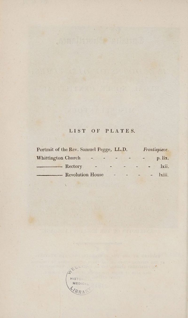 Pals TO PPA: Portrait of the Rev. Samuel Pegge, LL.D. Frontispiece. Whittington Church - - ss - p. lix. — Rectory - - - - - Ixil. — Revolution House - - —jig =, Axi, 4