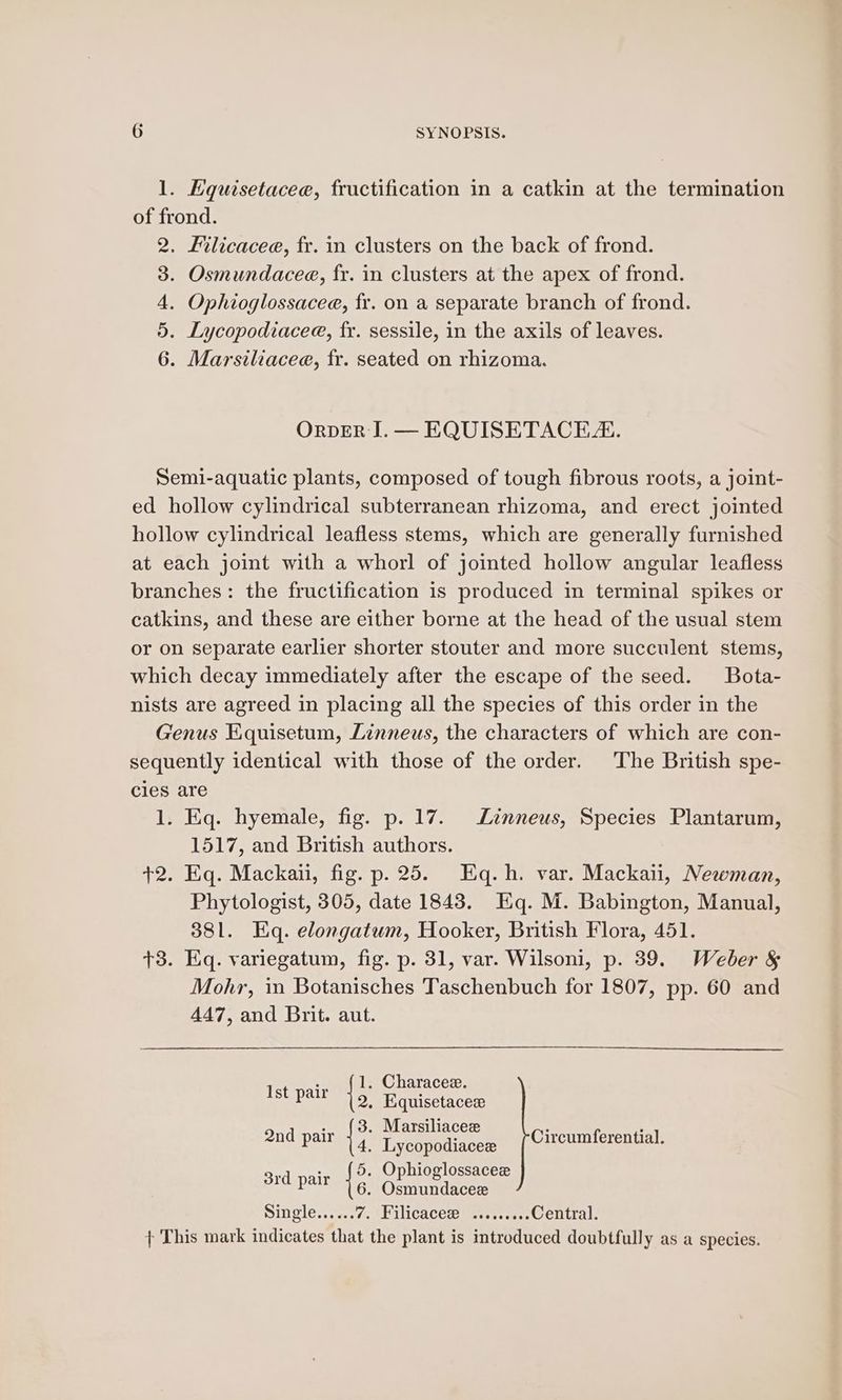 1. Equisetacee, fructification in a catkin at the termination of frond. 2, Filicacee, fr. in clusters on the back of frond. 3. Osmundacee, fr. in clusters at the apex of frond. 4. Ophioglossacee, fr. on a separate branch of frond. 5. Lycopodiacee, fr. sessile, in the axils of leaves. 6. Marsiliacee, fr. seated on rhizoma. OrvDER I. — EQUISETACE. Semi-aquatic plants, composed of tough fibrous roots, a joint- ed hollow cylindrical subterranean rhizoma, and erect jointed hollow cylindrical leafless stems, which are generally furnished at each joint with a whorl of jointed hollow angular leafless branches: the fructification is produced in terminal spikes or catkins, and these are either borne at the head of the usual stem or on separate earlier shorter stouter and more succulent stems, which decay immediately after the escape of the seed. _Bota- nists are agreed in placing all the species of this order in the Genus Equisetum, Linneus, the characters of which are con- sequently identical with those of the order. The British spe- cies are 1. Eq. hyemale, fig. p. 17. Zinneus, Species Plantarum, 1517, and British authors. +2. Eq. Mackaii, fig. p. 25. Eq.h. var. Mackaii, Newman, Phytologist, 305, date 1843. Eq. M. Babington, Manual, 381. Eq. elongatum, Hooker, British Flora, 451. +3. Eq. variegatum, fig. p. 31, var. Wilsoni, p. 39. Weber &amp; Mohr, in Botanisches Taschenbuch for 1807, pp. 60 and 447, and Brit. aut. Tota ewenes Characee. P 2, Equisetacee Brdtoaienes Marsiliacee P 4. Lycopodiacee 3rd pair ie Ophioglossacee Circumferential. 6. Osmundacee Single......7. Filicacee@ ......... Central. | This mark indicates that the plant is introduced doubtfully as a species.