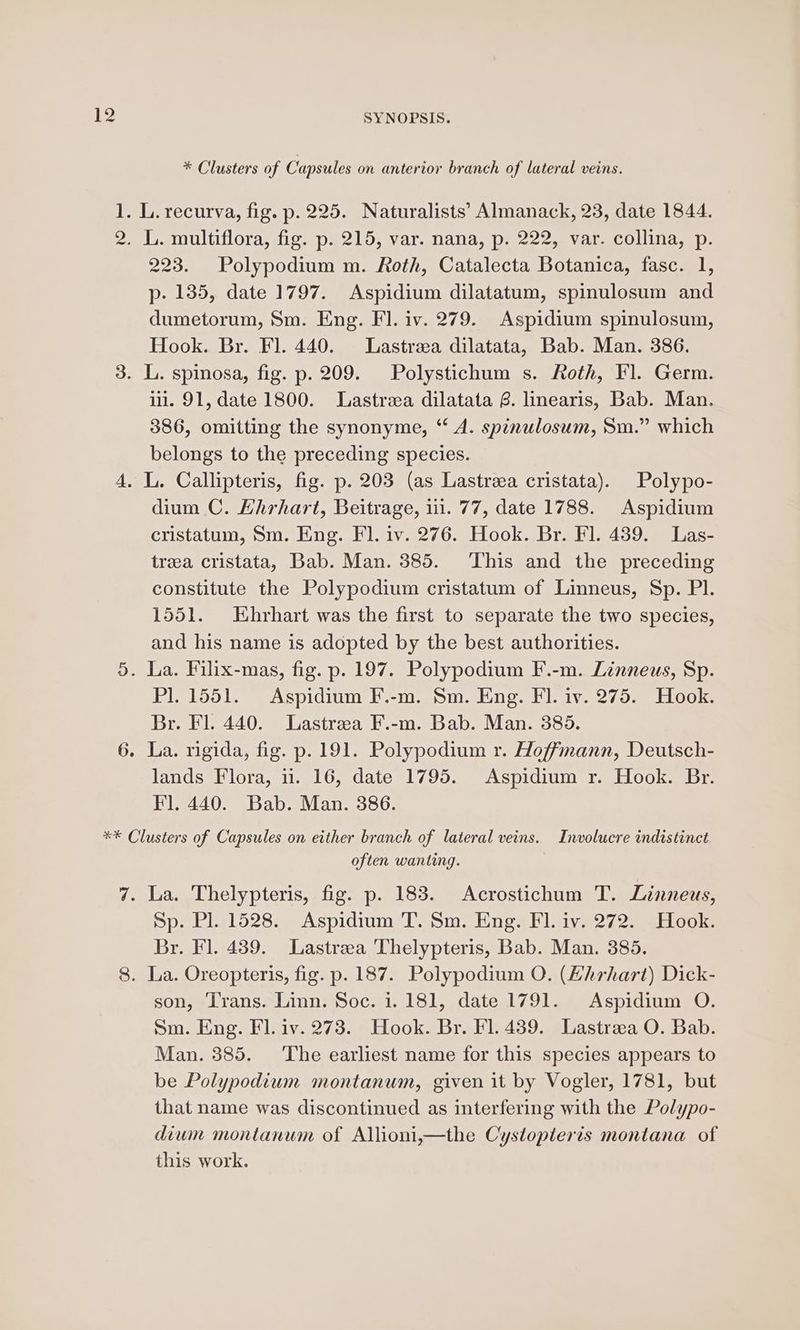 S * Clusters of Capsules on anterior branch of lateral veins. P 223. Polypodium m. Roth, Catalecta Botanica, fasc. 1, p- 135, date 1797. Aspidium dilatatum, spinulosum and dumetorum, Sm. Eng. FI. iv. 279. Aspidium spinulosum, Hook. Br. Fl. 440. Lastreea dilatata, Bab. Man. 386. ii. 91, date 1800. Lastreea dilatata @. linearis, Bab. Man. 386, omitting the synonyme, ‘ A. spinulosum, Sm.” which belongs to the preceding species. dium C. Ehrhart, Beitrage, 11. 77, date 1788. Aspidium cristatum, Sm. Eng. Fl. iv. 276. Hook. Br. Fl. 439. Las- trea cristata, Bab. Man. 385. ‘This and the preceding constitute the Polypodium cristatum of Linneus, Sp. PI. 1551. Ehrhart was the first to separate the two species, and his name is adopted by the best authorities. Pl. 1551. Aspidium F.-m. Sm. Eng. FI. iv. 275. Hook. Br. Fl. 440. Lastreea F.-m. Bab. Man. 385. lands Flora, 11. 16, date 1795. Aspidium r. Hook. Br. Fl. 440. Bab. Man. 386. often wanting. La. Thelypteris, fig. p. 183. Acrostichum T. Linneus, Sp. Pl. 1528. Aspidium T. Sm. Eng. Fl. iv. 272. Hook. Br. Fl. 439. Lastreea Thelypteris, Bab. Man. 385. La. Oreopteris, fig. p. 187. Polypodium O. (Ehrhart) Dick- son, Trans. Linn. Soc. 1.181, date 1791. Aspidium O. Sm. Eng. Fl. iv. 273. Hook. Br. Fl. 439. Lastreea O. Bab. Man. 385. ‘The earliest name for this species appears to be Polypodium montanum, given it by Vogler, 1781, but that name was discontinued as interfering with the Polypo- diwm montanum of Allioni,—the Cystopleris montana of this work.