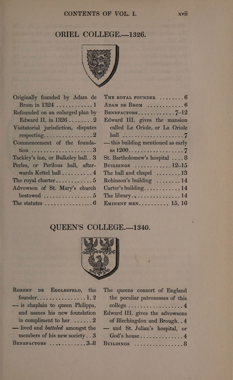 Originally founded by Adam de Merge VB 24 ie aie som oh l Refounded on an enlarged plan by Edward Il. in 13826........ 2 Visitatorial jurisdiction, disputes Sal er a 2 Commencement of the founda- Re as wm wx) none so = 3 Tackley’s inn, or Bulkeley hall... 3 Perles, or Perilous hall, after- wards Kettel hall..........4 Whewover charters. .0 2 .:.. 5 Advowson of St. Mary’s church PO MOWer ah. 208 See 5 ECE: 6 XVll THE ROYAL FOUNDER ........ 6 ApAM DE Brom ..........-. 6 BENEFACTORS..........-- 7-12 Edward III. gives the mansion called Le Oriole, or La Oriole hall — this building mentioned as early Get POU: cae Mev, mist ale'. cele ae 7 St. Bartholomew’s hospital ....8 Birr peNned gf iaawe!.2) sie abe 12-15 The hall and chapel ........ 13 Robinson’s building ........14 Carter's buildings tS. 14 The: Vbrary Vas idee SS 14 EMINENT MEN.......... 15, 16 RoBERT DE the Peete, ele PC... 2 — is chaplain to queen Philippa, and names his new foundation in compliment to her — lived and batteled amongst the members of his new society .. 3 BENEFACTORS The queens consort of England the peculiar patronesses of this eollegeree tri). Lisa ines ieee 4 Edward II]. gives the advowsons of Blechingdon and Brough. . 4 — and St. Julian’s hospital, or sod’ svhouset oi BI A: 4 BuiLpINnGs