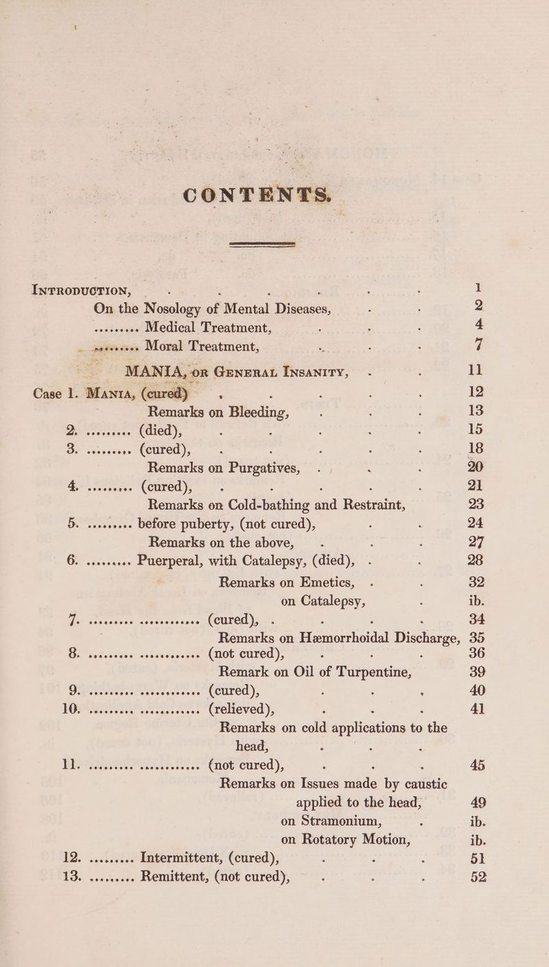 InrRopuCTION, On the Nosology of Mental Disioxes, wobbwages Medical Treatment, . seececees Moral Treatment, MANTA OR GENERAL Insanity, Stsmarks on 5 Hiseding, codes seks (died), : Ber sieves »- (cured), Remarks on Pues: : Be ssntee »+- (cured), Remarks on Cold-bathing and Resratne, 5. .seeeeee- before puberty, (not cured), Remarks on the above, bs ger .-«- Puerperal, with Catalepsy, (died), Remarks on Emetics, on Catalepsy, Te eh eueeoes. seatav teases (cured), . | Remarks on Pioraieae Piciares, Ee egdvecses us beetsoeiae (not cured), : Remark on Oil of Turpenting: a Dee te doscewe (cured), BORE vayeccces (relieved), Remarks on cold saplicariad to tte head, 1) ea at Ae ees (not cured), Remarks on Issues wai by caustic applied to the head, on Stramonium, on Rotatory Motion, PD. gst 2d: Intermittent, (cured), | ee Remittent, (not cured),