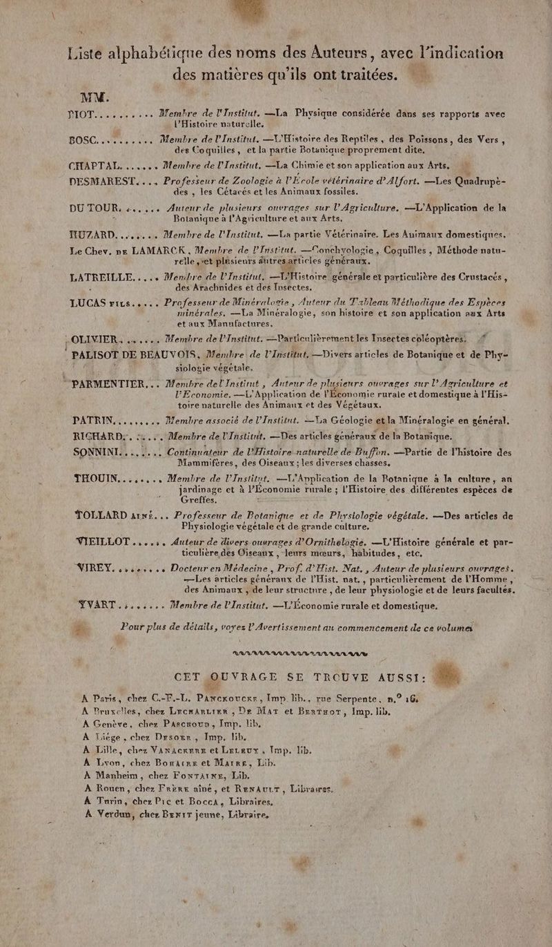 Liste alphabétique des noms des Auteurs, avec l'indication des matières qu’ils onttraitées. a MM. PIOT.......... Membre de l'Institut. La Physique considérée dans ses rapports avec l'Histoire naturelle. BOSC.......... Membre de l’Institut. —V'Histoire des Reptiles , des Poissons, des Vers, des Coquilles, et la partie Botanique proprement dite, CHAPTAL. ...... Membre de l'Institut, —La Chimie et son application aux Arts. Ÿ DESMAREST.. + Professeur de Zoologie à PÉ cole vétérinaire d’Alfort. —Les Quadrupè- des , les Cétacés et les Animaux fossiles. DU TOUR. és Autenr de plusieurs ouvrages sur l’ Agriculture. a Application de la Botanique à l'Agriculture et aux Arts, TUTZARD. ....... Membre de l'Institut, La partie Vétérinaire. Les Animaux domestiques. Le Chev. pe LAMARCK , Membre de l’Institut. — fonchyologie , Coquilles, Méthode natu- rélle set plüsieurs dutres articies généraux. RAPRRRDE PE Membre de l’Institut. TEistoire générale et particulière des Crustacés, des Arachnides et des Insectes. LUGAS FiLa ae Professeur de Minéralogie, Auteur du Tableau Méthodique des Espèces minérales. —La Minéralogie, son histoire et son application aux Arts et aux Manufactures. - OLIVIER. es... Membre de l’Institut. —Particulièrement les Insectes coléoptères. | PALISOT DE BEAUVOIS, Membre de l'Inisitué —Divers articles de Botanique et de Phy= siolagie végétale, s PARMENTIER, .. Membre del Instimt, Auteur de plusieurs ouvrages sur l’ Avriculture et l'Economie. —1/ Application de l'Économie rurale et domestique à a l'His- toire naturelle des Animaux ét des Végétaux. PATRIN......... Membre associé de l’Institut. Ta Géologie etla Minéralogie en Lines RICHARD. .:u.+. Membre de l'Institrit, —Des articles généraux de la Botanique. SONNINI..., % ... Continuateur de l'Histoire naturelle de Buffon. —Partie de l'histoire des Mammifères, des Oiseaux ; les diverses chasses. THOUIN........ Membre de l’Institut, —V'Appbcation de la Rotanique à la culture, a jardinage et à l'Économie rurale ; l'Histoire des différentes espèces de Greffes. TOLLARD arn£... Professeur de Botanique et de Physiologie végétale. —Des articles de Physiologie végétale ct de grande culture. VIEILLOT ....:. Auteur de divers ouurages d’Ornithelogie. —VL'Histoire générale et par- ticulière des Oiseaux , leurs mœurs, habitudes, etc. VIREY. +. Docteuren Médecine, Pr of. d'Hist. Nat, , Auteur de plusieurs ouvrages. Les articles généraux de l’'Hist. nat., particulièrement de l'Homme, des Animaux , de leur structure , de leur physiologie et de leurs facultes. «+ Membre de Pratt. —L'Économie rurale et domestique. VAR TT 2 x Pour plus de détails, voyez l'Avertissement au commencement de ce volumes RR/VARIE BAUR VUE MEL ALL / Re CET mu TrAcE SE TROUYE AUSSI: D À Paris, chez C.-F.-L. Par cNErR Imp.Ub., rue Serpente, n,° 16; À Bruxelles, chez LrcnArcier ; De Mar et Bentaort, Imp. lib. À Genève, chez PaAscroun, Imp. lib, À Tiége , chez Drsoër, Imp. lib. À Lille, chez Vanacrene et Leceux, Imp. lib. À Lyon, chez Bonacre et Marrg, Lib. À Manheim, chez FonTat NE Lib. À Rouen, chez Frère aînée, et RenAurT, Librawres, À Turin, chez Pre et Bécch Libraires, À Verdun, chez Bexrr lee Libraire,