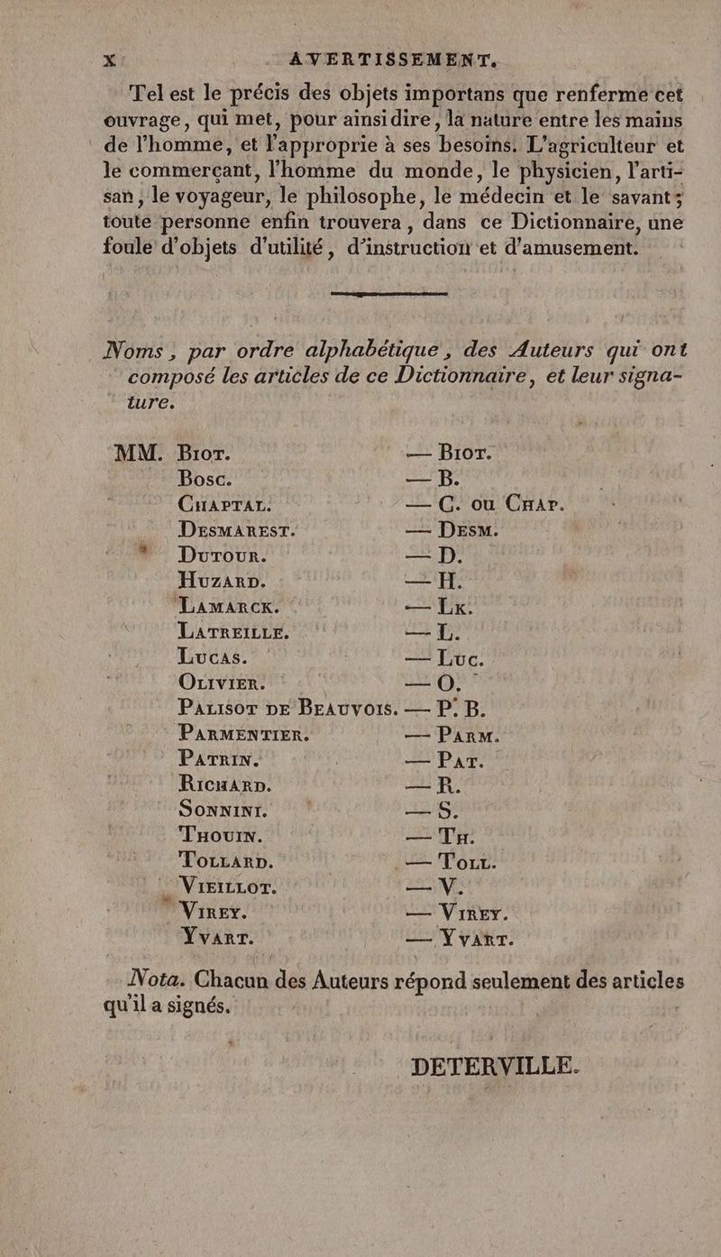 Tel est le précis des objets importans que renferme cet ouvrage, qui met, pour ainsidire, la nature entre les mains de l'homme, et l'approprie à ses besoims: L’agriculteur et le commercant, l'homme du monde, le physicien, l’arti- san , le voyageur, le philosophe, le médcëin et le savants toute personne enfin trouvera, dans ce Dictionnaire, une foule d'objets d'utilité, d'instruction ‘et d'amusement. Noms, par ordre alphabétique, des Auteurs qui ont * composé les articles de ce Dictionnaire, et leur signa- ture. MM. Bror. | — Bror. Bosc. — B. CHAPTAL! | — C. ou Crar. ._ Desmaresr. — Des. * Duorour. — D. Huzarn. — K. Lamarck. | — Lx. LATREILLE. — L. Lucas” — Luc. Ozrvier. — OO. Parisot DE BrAuvois. — P: B. PARMENTIER. — Par. © PaTRIN. UE — Par. RicuaArp. : — FR. SONNINT. St Tours. — TH. ToLrarp. .— Tour. à V'EILLoT. — V. Vire. — Viner. Yvanr. — Y yART. Nota. Chacuts des Auteurs Lot seulement des articles qu'il a signés. | DETERVILLE.