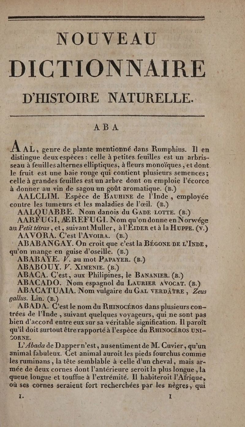 NOUVEAU DICTIONNAIRE D'HISTOIRE NATURELLE. ABA À AL, genre de plante mentionné dans Rumphius. 1Îl en distingue deux espèces : celle à petites feuilles est un arbris- seau à feuilles aliernes elliptiques, à fleurs monoïques, et dont. le fruit est une baie rouge qui contient plusieurs semences; celle à grandes feuilles estun arbre dont on emploie l’écorce à donner au vin de sagou un goût aromatique. (B.) AALCLIM. Espèce de BAUHINE de l'Inde , employée contre les tumeurs et les maladies de l’œil. (8.) AALQUABBE. Nom danois du GADE LOTTE. (B:) AARFUGI, ÆREFUGI. Nom qu'on donne en Norwéee au Petit tétras , et, suivant Muller, à l’ÉiDER et à la HuPPE. (v.) AAVORA. C'est l’'AvoIRA. (8.) .! ABABANGAY. On croit que c’est la BÉGONE DE L'INDE, qu'on mange en guise d’oseille. (8.) ABABAYE. F. au mot PAPAYER. (B.) ABABOUY. F. XIMENIE. (8.) ABACA. C’est, aux Philipines, le BANANIER. (8.) ABACADO. Nom espagnol du LAURIER AVOCAT. (8.) ABACATUAIA. Nom vulgaire du GAL VERDÂTRE , Zeus gallus. Lin. (8.) : ABADA. C’est le nom du RHINocÉROS dans plusieurs con- trées de l’Inde , suivant quelques voyageurs, qui ne sont pas bien d’accord entre eux sur sa véritable signification. Il paroît qu'il doit surtout êtrerapporté à l’espèce du RHINOCÉROS UNI- L’Abada de Dapper n’est, ausentiment de M. Cuvier , qu’un animal fabuleux. Cet animal auroit les pieds fourchus comme les ruminans , la tête semblable à celle d’un cheval, mais ar mée de deux cornes dont l’antérieure seroït la plus longue , la queue longue et touffue à l’extrémité. Il habiteroit l'Afrique, où ses cornes seraient fort recherchées par les nègres, qui
