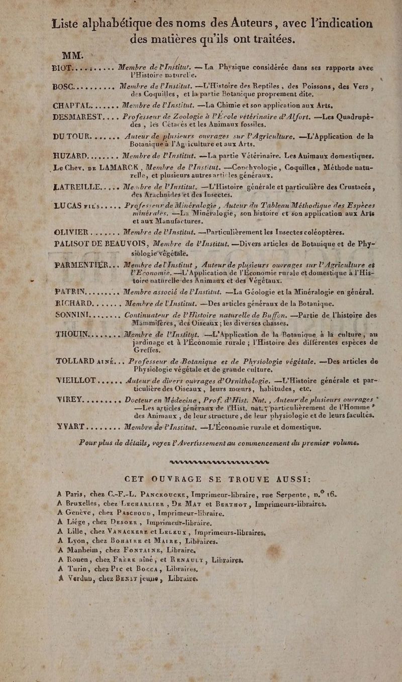 Le “+ rh 4 FDS : Liste alphabétique des noms des Auteurs, avec l’indication des matières qu’ils ont traitées. MM. BIOT....:..... Membre de NN — La Physique considérée dans ses rapports avee F PHistoire naturelle. BOSC.......... Membre de l’Institut. —L'Histoire des Reptiles, des Poissons, des Vers ? des Coquilles, et la partie Botanique proprement dite. CHAPTAL: ...... Membre de l’Institut. —La Chimie et son application aux Arts, DESMAREST,.... Professeur de Zoologie à PÉ'cole vétérinaire d'Al fort. —Les Quadrupë- des , les Cétacés et les Animaux fossiles, DU TOUR. ...... Auteur de plusieurs ouvrages sur l'Agriculture, —L’Application de la Botanique a l’Agriculture et aux Arts. HUZARD........ Membre de l’Institut. Va partie Vétérinaire, Les Animaux domestiques. Le Chev. ne LAMARCK , Membre de l'Institut. —Conchvologie, Coquilles, Méthode natu- relle, et plusieurs autres articles généraux. LATREILLE..... Merbre de l’Institut, —L'Histoire générale et particulière des Crustacés, des Arachnides'et des Insectes. + LUCAS rirs.,... Professeur de Minéralogie, Auteur du Tableau Méthodique des Espèces minérales. —La Mineéralogie, son histoire et son application aux Arts et aux Manufactures. OLIVIER ....... Membre de l’Institut. —Particulièrement les Insectes coléoptères. PALISOT DE BEAUVOIS, Membre de l’Institut, —Divers articles de Botanique et de Phy- PRES siblogie végétale. | À PARMENTIER... Membre del Institut , Auteur de plusieurs ouvrages sur l’ Agriculture et V'Eronomie.L'Application de l Économie rurale et domestique à l'His- toiré natürelle-des Animaux et des Végétaux. PATRIN......... Membre associé de l’Institut. —La Géologie et la Minéralogie en général. RICHARD. ...... Membre de l'Institut. —Des articles généraux de la Botanique. SONNINI......., Continuateur de l’Histoire naturelle de Buffon. —Partie de l'histoire des s Mammifères, des Oiseaux ; les diverses chasses. ; THOUIN.....,.. Membre de l’Institut. —L’Application de la Botanique à là culture, au jardinage et à l'Économie rurale ; l'Histoire des différentes espèces de Greffes. TOLLARD a1x£... Professeur de Botanique et de Physiologie végétale. —Des articles de Physiologie végétale et de grande culture, VIEILLOT ...... Auteur de divers ouvrages d’Ornithologie. —L'Histoire générale et par- ticulière des Oiseaux, leurs mœurs, habitudes, etc. VIREY. ....os.. Docteur en Médecine, Prof. d’'Hist. Nat. , Auteur'de plusieurs ouvrages * —Les articles généraux de l'Hist, nat.ÿ'particulièrement de l'Homme ? des Animaux , de leur structure , de leur physiologie et de leurs facultés, YVART........ Membre de l'Institut, —L'Economie rurale et domestique. Pour plus de détails, voyez l'Avertissement au commencement du premier volumes RAA AMV AV VV UT AUY CTT OUVRAGE SE TROUVE AUSSI: À Paris, chez C.-F.-L. Pancxoucre, Imprimeur-libraire, rue Serpente, n.° 16. À Bruxelles, chez LrcnArcier , Dx Mar et Berrwor, Imprimeurs-libraires, À Genève, chez Pascsoun, Imprimeur-libraire. À Liége, chez Desorr , Imprimeur-libraire, A Lille, chez Vanacxerr et Leckux, Imprimeurs-libraires, A Lyon, chez Bouatre et Maire, Libraires. A Manheim, chez Fonraixe, Libraire, PE A Rouen, chez Frère aîné, et Renauir, Libraires, À Turin, chez Pic et Bocca, Libraires, À Verdun, chez Bexir jeune, Libraire.