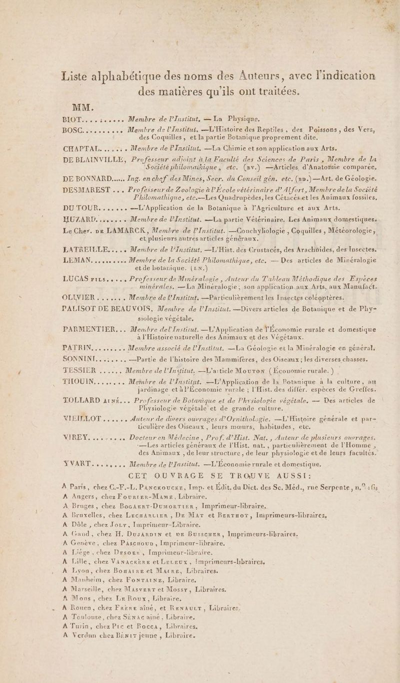 Liste alphabétique des noms des Auteurs, avec l'indication des matières qu'ils ont traitées. MM. BIOT.... 3... Membre de l’Institut, —La Physique. BOSC.......... Membre de l’Institus, L'Histoire des Reptiles, des Poissons, des Vers, des Coquilles, et la partie Botanique proprement dite, CHAPTAL. ....:. Membre de l'Institut. —La Chimie et son application aux Arts. DE BLAINVILLE, Professeur adjoint à la Face des Sciences de Paris, Membre 4 La Société philomaïique , . (Bv.) —Articles d'Anatomie comparée, DE BONNARD...... Ing. en chef des Mines, Secr. du Conseil gén. etc. (av.) — Art, de Géologie. DESMAREST ... Professeur de Zoologie à VÉ'cole vétérinaire d Alfort, Membre de la Société Philomathique, etc.—Les Quadrupèdes, les Cétacés.et les Animaux fossiles, DÉTOUR. ue —-L’Application de la Botanique à l'Agriculture et aux Arts. HUZARD. ....... Membre de l’Institut. La partie Vétérinaire, Les Animaux domestiquess Le Cher. ne LAMARCK, Hembre de l’Institur. —Conchyliologie , Coquilles , Météorologie, et plusieurs autres articles généraux. LATRETLLE,.... Membre de l’Institut, —L'Hist. des Crustacés, des AracHhides, des Insectes, LEMAN.......... Membre de la Société Philomathique, etc. — Des articles de Minéralogie et de botarique. (LN.) EUCASRrILzS.. Professeur de Minéralogie , Auteur du Tableau Méthodique des Espèces minérales, — La Minéralogie : son application aux Arts, aux Manufact. OLIVIER ....... Membre de l’Institut, —Particulièrement les Insectes coléoptères. PALISOT DE BEAU VOIS, Wembre de l’Institut. —Divers articles de Botanique et de Phy- siologie végétale, PARMENTIER... Membre del Institut. —1’Application de l'Économie rurale et domestique a l'Histoire naturelle des Animaux et des Végétaux. PATRIN......,., Membre associé de l'Institut, —La Géologie et la Minéralogie en général, SONNINI..,:,..., —Partie de l'histoire des Mammifères, des Oiseaux; les diverses chasses. TESSIER ...... Membre de l’Institut. —L'aiticle Mouron (Économie rurale. ) THOUIN........ Membre de lTnstitue. —L’Application de la Rotanique a la culture, au jardmage et à Économie rurale ; l'Hist. des différ. espèces de Greffes. TOLLARD aA1NE... Professeur de Botanique et de Physiologie végétale. — Des articles de Physiologie végétale et de grande culture. NIEILLOT ...... Auteur de divers ouvr ages d’Ornithologie. —L'Histoire sbhbsile et pars ticulière des Oiseaux , leurs mœurs, habitudes , etc, NIREY. ........ Docteuren Médecine , Prof. d’Hist. Nat., Auteur de plusieurs ouvrages, — Les articles éliéraux de PHist. nat., particulièrement de l’ Hôümme x des Animaux dé leur structure , de leur physiologie et de leurs facultes. SVART...,,... Membre de L'Institut. —L'Économie rurale et domestique. CET OQUVRAGE SE TROUVE AUSSI: À Paris, chez C.-F.-L. Paxcroucxe, Imp. et Édit, du Dict. des Sc. Méd., rue Serpente , n.° 1 fs A Angers, chez Fourrer-Mames, Libraire. À Bruges, chez BocaAert-Dumonrtier, Imprimeur-libraire. À Bruxelles, chez Lecnarcier , De Mar et Berntruor, Iniprimeurs-libraires, A Dôle , chez Jory, Imprimeur-Libraire. | À (Grand, chez H. DusArpin et ve Busscurr, Imprimeurs-libraires. À Genève, chez PAscnour, Imprimeur-hbraire, À Liége , chez Desoër , Imprimeur-libraire. À Lille, chez Vanackère et Leceux, {mprimeurs-libraires, A Lyoa, chez Bonaire et Marre, Libraires. À Manheim, chez FonrTaine, Libraire, À Marseille, chez MasverT et Mossv, Libraires. A Mons, chez Le Roux, Libraire, À Rouen, chez Frère aîve, et RenAucr, Libraires, A Toulouse, chez SxNAc aine, Libraire, A Turin, chez Pre et Rocca, Libraires. À Verdun chez BEnir jeune , Libraire,
