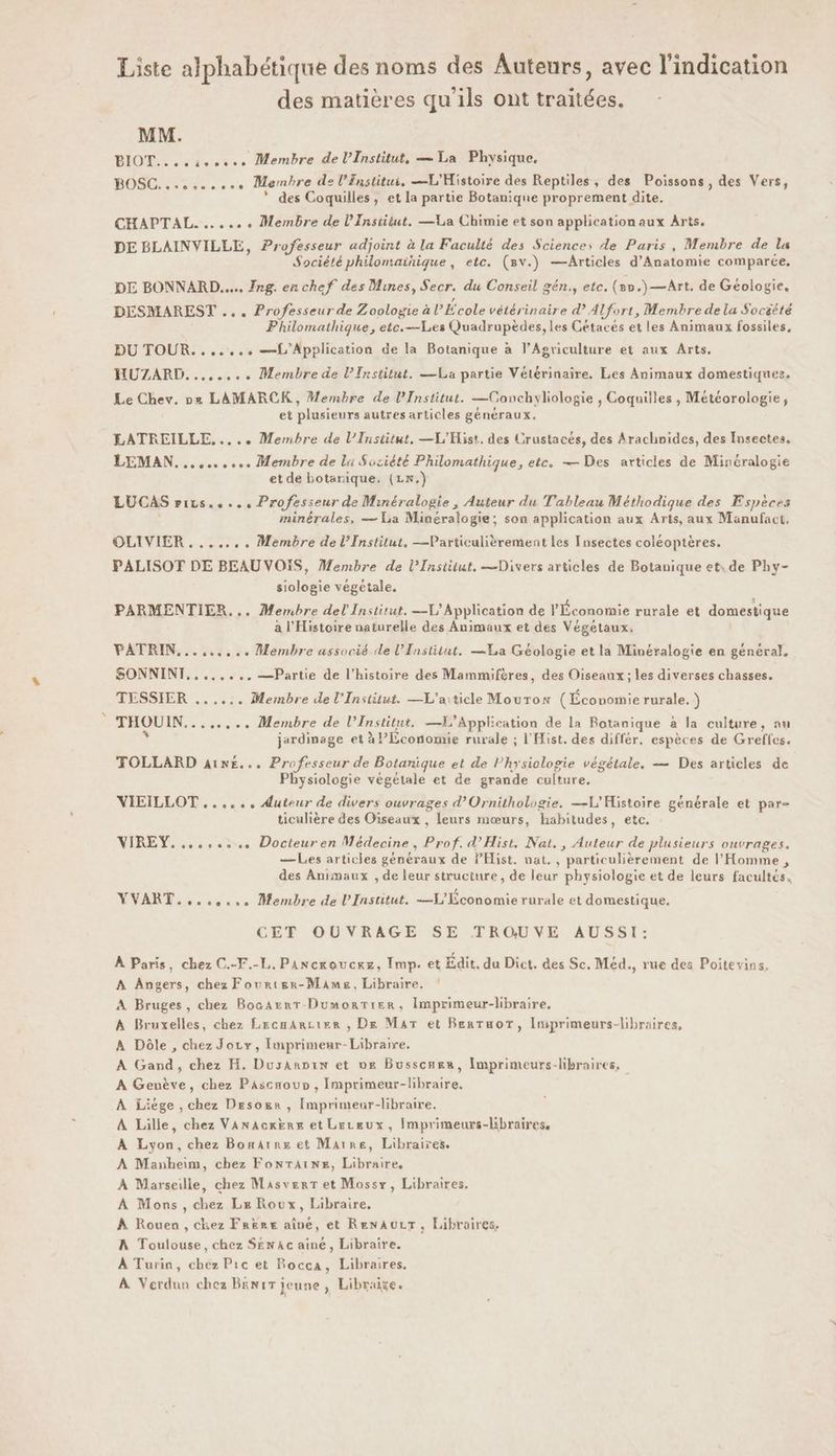 ’ Liste alphabétique des noms des Auteurs, avec l'indication des matières qu'ils ont traitées. MM. BIOT. iso Membre de l’Institut, — La Physique. BOSC. ss... Membre de l’Enstitui, L'Histoire des Reptiles, des Poissons, des Vers, * des Coquilles, et la partie Botanique proprement dite. CHAPTAL....... Membre de l'Institut. —La Chimie et son application aux Arts. DE BLAINVILLE, Professeur adjoint à la Faculté des Sciences de Paris, Membre de la Société philomainique, etc. (8v.) —Articles d'Anatomie comparée, DE BONNARD..... Ing. en chef des Mines, Secr. du Conseil gén., etc. (nn.)—Art. de Géologie. DESMAREST ... Professeur de Zoologie à L'École vétérinaire d. Alfort, Membre de la Socéété Philomathique, etc.—Les Quadrupédes, les Cétaces et les Animaux fossiles, DU TOUR....... {Application de la Botanique à l'Agriculture et aux Arts. HUZARD........ Membre de l’Institut. —La partie Vétérinaire. Les Animaux domestiques, Le Chev. ne LAMARCK, Membre de l’Institut. —Conchyliologie , Coquiiles , Météorologie, et plusieurs autres articles généraux. LATREILLE..... Membre de l’Institut, —L'Hist. des Crustacés, des Arachoides, des Insectes, LEMAN.......... Membre de li Sociêté Philomathique, etc. — Des articles de Minéralogie et de botarique. (£x.) LUCAS rivs..... Professeur de Minéralogie , Auteur du Tableau Méthodique des Espèces minérales, — La Minéralogie; son application aux Arts, aux Manufact. OLIVIER. ...... Membre de L'Institut, —Particulièrement les Insectes coléoptères. PALISOT DE BEAU VOIS, Membre de l’Institut, —Divers articles de Botanique et, de Phy- siologie végétale, PARMENTIER. .. Membre del Instirut, LU Application de l'Économie rurale et domestique a l'Histoire naturelle des Animaux et des Végétaux. FATRIN......,.. Membre associé de l’Institut, —La Géologie et la Minéralogie en général, SONNINT,...,...—Partie de l’histoire des Mammifères, des Oiseaux; les diverses chasses. TESSIER ...... Membre de l'Institut. —L'aiticle Mouton (Économie rurale, ) THOUIN. e..... Membre de l’Institut, —X'Applcation de la Botanique à la culture, au jardinage et à PÉconomie rurale ; l'Hist. des différ. espèces de Grefles. TOLLARD aïxe... Professeur de Botanique et de Physiologie végétale, — Des articles de Physiologie végétale et de grande culture. VIEILLOT ...... duteur de divers ouvrages d’Ornithologie. —L'Histoire générale et par- ticulière des Oiseaux , leurs mœurs, habitudes, etc. NIREY. ...,... Docteuren Médecine, Prof d’Hist, Nat., Auteur de plusieurs ouvrages. —Les articles généraux de PHist. nat. , particulièrement de l'Homme, des Animaux , de leur structure, de leur physiologie et de leurs facultés. YVART........ Membre de L'Institut. —L'Économierurale et domestique. CET OUVRAGE SE TROUVE AUSSI: À Paris, chez C.-F.-L. Pancroucrz, Imp. et Edit. du Dict. des Se. Méd., rue des Poitevins, A Angers, chez Fourier-Mames, Libraire. À Bruges, chez Bocarrr-Dumonrier, Imprimeur-libraire, A Bruxelles, chez Lrcaancier , De Mar et Berruaot, Iniprimeurs-libraires, À Dôle , chez Joy, Imprimenr-Libraire, A Gand, chez H. Dusanpin et 0x Busscner, Imprimeurs-libraires. À Genève, chez Pascaouv, Imprimeur-libraire. À Liège , chez Desogr , Imprimeur-libraire. A Lille, chez VanackrErg et Leceux, Imprimeurs-libraires, À Lyon, chez Bonarre et Maire, Libraires. À Manbeim, chez FonTaAtne, Libraire, À Marseille, chez MasverT et Mossr, Libraires. À Mons, chez Lx Roux, Libraire, À Rouen , chez Frère aîné, et RenAULT, Libraires. A Toulouse, chez SEN Ac aine, Libraire. À Turin, chez Pic et Bocca, Libraires. À Verdun chez B&nuT jeune , Libraire.