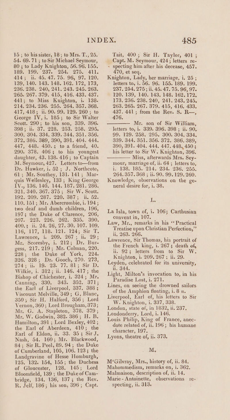 15 ; to his sister, 18; to Mrs. T., 25. 54. 69. 71 ; to Sir Michael Seymour, 80 ; to Lady Knighton, 56. 96, 155. 189. 199. 237. 254. 275. 411. 414; iu. 45. 47. 75. 96, 97. 120. 139, 140. 148. 148. 162. 172, 173, 236. 238. 240, 241. 243. 245. 263. 265. 267. 379, 415, 416. 433. 437. 441; to Miss Knighton, i. 138. 214, 234. 236. 255. 264. 357. 368. 417, 418; i. 90. 99. 129. 260 ; to George IV, i. 185; to Sir Walter Scott. 290; to his son, 339, 396. 398; li. 37. 228. 253. 258. 295. 300. 304. 334. 339. 344. 351. 356, 372. 386. 389, 390, 391. 404. 444, 447, 448. 450.3; to a friend, 40. 290. 378. 406; to his youngest daughter, 43. 138. 416; to Captain M. Seymour, 427. Letters to—from Dr. Hawker, i. 52; J. Northcote, 61; Mr. Southey, 131. 141; Mar- quis Wellesley, 133 ; King George IV., 1386. 140. 144. 187. 281. 286. 321. 340. 367. 375 ; Sir W. Scott. 192. 209. 287. 220. 387; i. 52. 110. 151; Mr. Abercrombie, 1. 194 ; two deaf and dumb children, 196, 197; the Duke of Clarence, 206, 207. 2235. 2262. 262... 3365. 390. 400.3 ii. 24. 26, 27. 30. 107. 109. LG; 2bb7, 80652125. 124; Sar. 1. Lawrence, i. 209. 267; i. 29; Mr. Scoresby, i. 212; Dr. Bur- gess, 217. 219; Mr. Colman, 220. 228; the Duke of York, 224. 326.328 ; Drs Gooch, 270. 273, O74 = ter 195 23. 77.803 Sir D. Wilkie, i. 312; 11. 146. 417; the Bishop of Chichester, 1. 824; Mr. Canning, 330, 343. 352. 371; the Earl of Liverpool, 337. 388 ; Viscount Melville, 349; G, Blanc, 350; Sir H. Halford, 356; Lord Vernon, 360; Lord Brougham, 373; Mr. G. A. Stapleton, 378. 379 ; Mr. W. Godwin, 382. 386; H. B. Hamilton, 391 ; Lord Bexley, 402 ; the Earl of Aberdeen, 410; the Karl of Eldon, u. 33..35 3 Siu J. Nash, 54. 160; Mr. Blackwood, 84; Sir R. Peel, 89. 94; the Duke of Cumberland, 105, 106. 1233; the Landgravine of Hesse Homburgh, 125. 132. 154, 155; the Duchess of Gloucester, 128. 145; Lord Bloomfield, 139 ; the Duke of Cam- bridge, 134, 136, 137; the Rev. R. Jelf, 186; his son, 396; Capt. 485 Tait, 400 ; Sir H. Taylor, 401 ; Capt. M. Seymour, 424; letters re- ~ specting him after his decease, 457. 470, et seq. Knighton, Lady, her marriage, i, 25 ; letters to, i. 56. 96. 155. 189. 199. 237. 254, 275; 11. 45. 47. 75. 96, 97. 120. 139, 140. 148. 148. 162.172. 173. 236. 238. 240, 241. 243. 245, 263. 265. 267. 379. 415, 416. 433. 437. 441 ; from the Rev. S. R—, 476. ———— Mr. son of Sir William, letters to, i. 339. 396. 398 ; ii. 90. 99. 129. 258. 295. 300. 304. 334. 339. 344. 351. 356. 372. 386. 389, 390, 391. 404. 444. 447. 448. 450; his letter to Sir W. Knighton, 396. Miss, afterwards Mrs. Sey- mour, marriage of, 1. 64 ; letters to, i. 138. 185. 214. 234. 236. 255. 264. 357. 368 ; 11. 90. 99. 129. 260. Knowledge, observations on the ge- neral desire for, i. 38. 1 Pe La Isla, town of, i. 106; Carthusian convent in, 107. Law, Mr., remarks in his ‘‘ Practical Treatise upon Christian Perfection,”’ li. 263. 266. Lawrence, Sir Thomas, his portrait of the French king, i. 2673 death of, il. 923 letters from to Sir W. Knighton, i. 209. 267 ; ii. 29. Leyden, celebrated for its university, i. 344, Light, Milton’s invocation to, in his Paradise Lost, 1. 271. Lines, on seeing the drowned sailors of the Amphion floating, 1. 8 n. Liverpool, Earl of, his letters to Sir W. Knighton, i. 337, 338. London, state of, in 1832, 11. 237, Londonderry, Lord, i. 146. Louis Philip, King of France, anec- dote related of, ii, 196; his humane character, 197. Lyons, theatre of, ii. 373, M. M‘Gilvray, Mrs., history of, i. 84. Mahommedism, remarks on, 1. 362. Malmaison, description of, ii. 14, Marie- Antoinette, observations re- specting, il, 313.