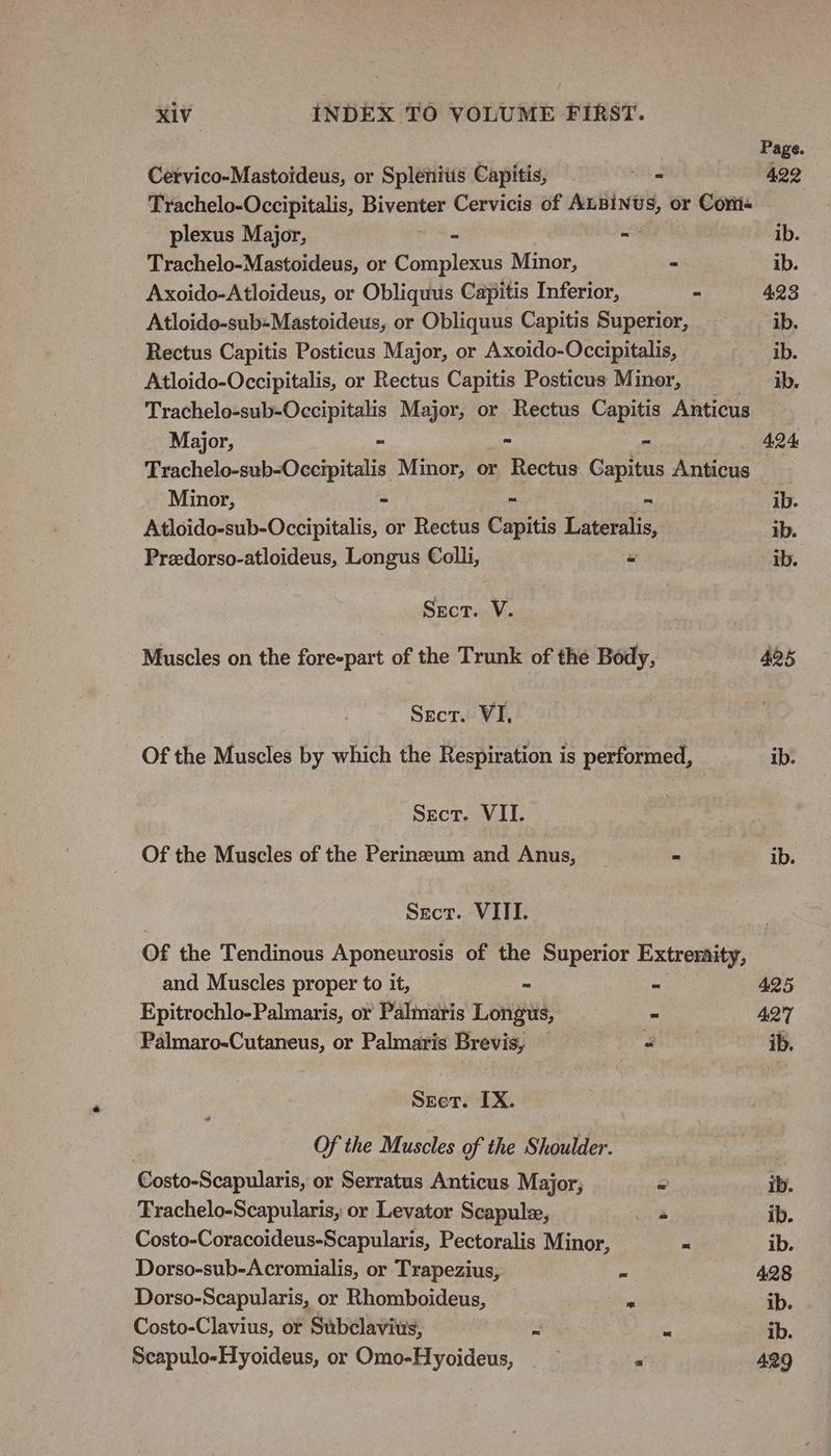 Page. Cervico-Mastoideus, or Splenitis Capitis, os 422 Trachelo-Occipitalis, Biventer Cervicis of ALBINUS, or Corii« plexus Major, - - ib. Trachelo-Mastoideus, or Complexus Minor, = ib. Axoido-Atloideus, or Obliquus Capitis Inferior, - 423 Atloido-sub-Mastoideus, or Obliquus Capitis Superior, ib. Rectus Capitis Posticus Major, or Axoido-Occipitalis, ib. Atloido-Occipitalis, or Rectus Capitis Posticus Miner, ib. Trachelo-sub-Occipitalis Major, or Rectus Capitis Anticus Major, - = af 424 Trachelo-sub-Occipitalis Minor, or Rectus Gapitus Anticus Minor, - ~ - ib. Atloido-sub-Occipitalis, or Rectus Capitis Lateralis, ib. Preedorso-atloideus, Longus Colli, x ib. Sect. V. Muscles on the fore-part of the Trunk of the Body, 425 Secr. VI, Of the Muscles by which the Respiration is performed, ib. Secr. VII. Of the Muscles of the Perinzum and Anus, - ib. Secr. VITI. Of the Tendinous Aponeurosis of the Superior Extremity, and Muscles proper to it, ~ ~ 425 Epitrochlo-Palmaris, or Palmaris Longus, : 427 Palmaro-Cutaneus, or Palmaris Brevis, a ib. Seet. IX. Of the Muscles of the Shoulder. Costo-Scapularis, or Serratus Anticus Major, = ib. Frachelo-Scapularis, or Levator Scapulz, 4 ib. Costo-Coracoideus-Scapularis, Pectoralis Minor, ~ ib. Dorso-sub-Acromialis, or Trapezius, _ 4.28 Dorso-Scapularis, or Rhomboideus, a ib. Costo-Clavius, or Subclavius, Z Z ib. Scapulo-FHyoideus, or Omo-Hyoideus, “ 429