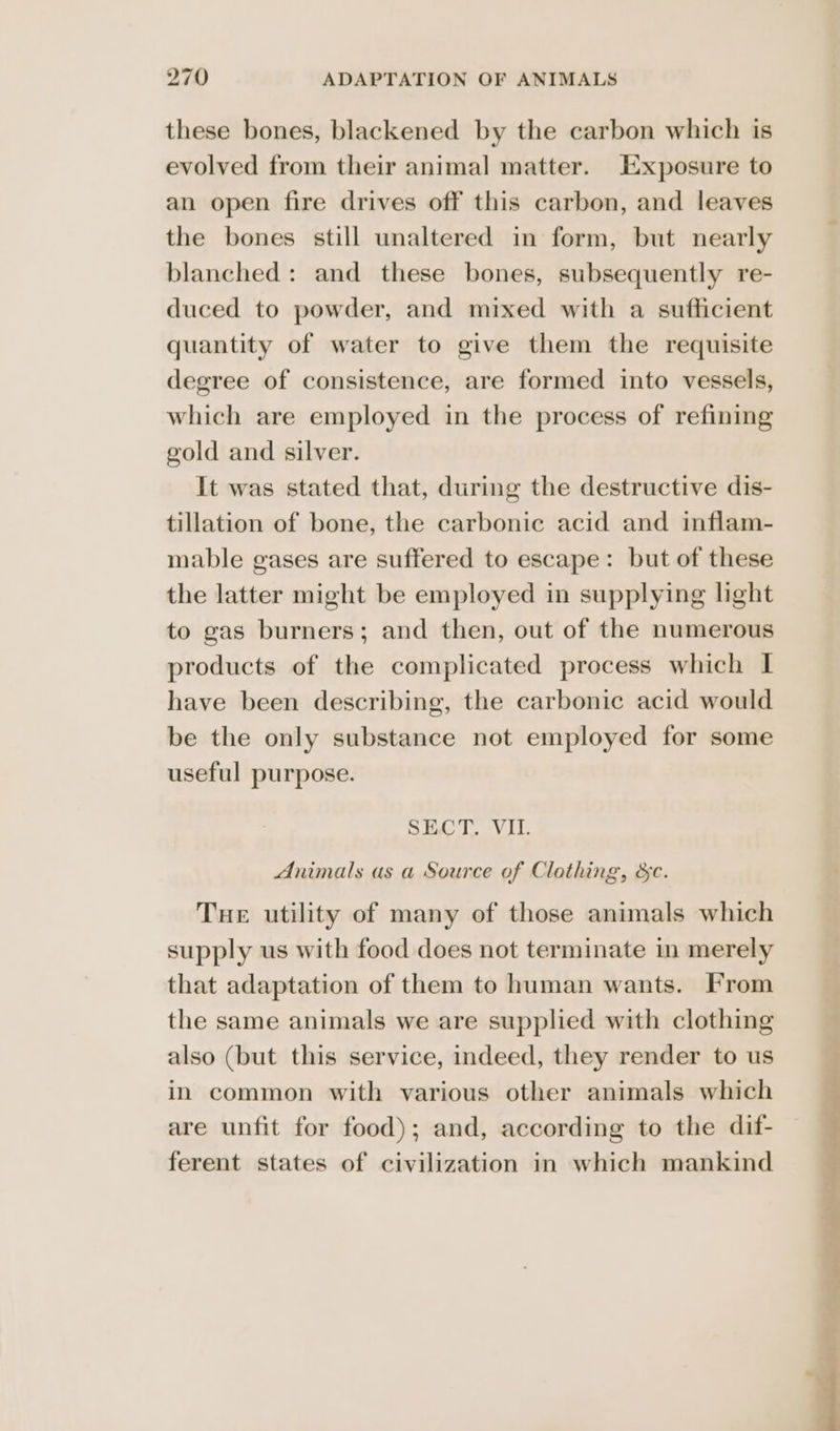 these bones, blackened by the carbon which is evolved from their animal matter. Exposure to an open fire drives off this carbon, and leaves the bones still unaltered in form, but nearly blanched: and these bones, subsequently re- duced to powder, and mixed with a sufficient quantity of water to give them the requisite degree of consistence, are formed into vessels, which are employed in the process of refining gold and silver. It was stated that, during the destructive dis- tillation of bone, the carbonic acid and inflam- mable gases are suffered to escape: but of these the latter might be employed in supplying light to gas burners; and then, out of the numerous products of the complicated process which I have been describing, the carbonic acid would be the only substance not employed for some useful purpose. SECT. VII. Animals as a Source of Clothing, &amp;c. Tue utility of many of those animals which supply us with food does not terminate in merely that adaptation of them to human wants. From the same animals we are supplied with clothing also (but this service, indeed, they render to us in common with various other animals which are unfit for food); and, according to the dif- ferent states of civilization in which mankind ee Ma igi. ate -
