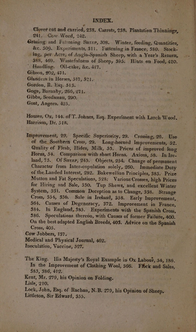 241. Cow Weed, 242. ing, per Acre, of Anglo-Spanish Sheep, with a Year’s Return, 388, 469. Wastefulness of Sheep, 395. Hints on Food, 420. ' Handling. Oil-eake; &c. 417. | | Gibson, 202,471. — Glanders in Horses, 517, 521. Gordon, R. Esq. 513. | Goge, Barnaby, 266, 271. 2, Gibbs, Seedsman, 290. Goat, Angora, 425. a“ 1 - ? Harrison, Dr. 518. of the Southern Cross, 29. Long-horned Improvements, 52. Quality of Flesh, Hides, Milk, 53. Prices of improved long Horns, 54. Comparison with shert Horns. Axiom, 58. In Ire- land, 75. Of Sizer, 245. Objects, 254: Change of permanent Character from Inter-copulation solely, 260. Immediate Duty of the Landed Interest, 282. Bakewellian Principles, 385. Prize Mutton and Fat Speculations, 328: Various Crosses, high Prices for Hiring and Sale, 330. Tup Shews, and. excellent Winter System, 331, Common Deception as to Change, 338. Strange 364, Causes of Degeneracy, 372. Improvement in France, 384. In England,385. Experiments with the Spanish Cross, 386. Speculations thereon, with Causes of former Failute,.400. On the best adapted English Breeds, 403. Advice on the Spanish Cross, 405. : Cow Jobbers, 137. Medical and Physical Journal, 462. Inoculation, Vaccine, 527. The King. His Majesty’s Royal Example in Ox Labour, 54, 186. In the Improvement of Clothing Wool, 366. Flock and Sales, $85, 386, 412. sue Kent, Mr. 279, his Opinion on Folding. Lisle, 210. . . Lock, John, Esq. of Rachan, N.B. 279, his Opinion of Sheep. Littleton, Sir Edward, 355.