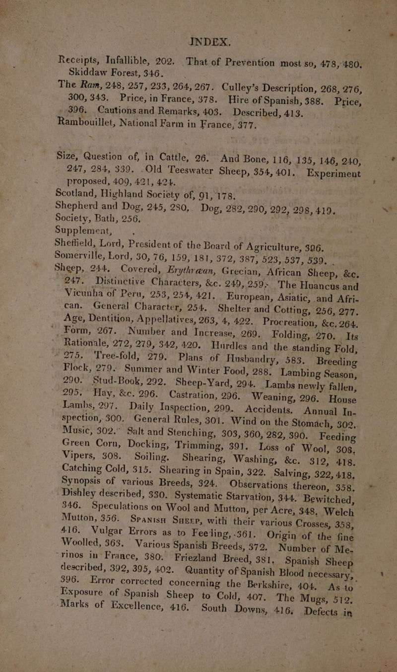 Leh ia Gas “Seats INDEX. i Receipts, Infallible, 202. That of Prevention most so, 478, 480, Skiddaw Forest, 346. The Ram, 248, 257, 233, 264,267. Culley’s Description, 268, 276, 300, 343. Price, in France, 378. Hire of Spanish, 388. Price, 396. Cautions and Remarks, 403. Described, 413. Rambouillet, National Farm in France, 377. ~ Size, Question of, in Cattle, 26. And Bone, 116, 135, 146, 240, 247, 284, 339. Old Teeswater Sheep, 354,401. Experiment proposed, 409, 421, 424. sa ae Foe OEY te Scotland, Highland Society of, 91,178. Shepherd and Dog, 245, 230, Dog, 282, 290, 292, 298, 419, Society, Bath, 256, . Supplement, : Sheffield, Lord, President of the Board of Agriculture, 396. — Somerville, Lord, 30, 76, 159, 181, 372, 387, 523,537, 539, . Sheep, 244, Covered, Erythr@an, Grecian, African Sheep, &c. 247. Distinctive Characters, &c. 249, 259» The Huancus and Viceunha of Peru, 253, 254, 421, European, Asiatic, and Afri- -can. General Character, 254. Shelter and Cotting, 256, 277. Age, Dentition, Appellatives, 263, 4, 422. Procreation, &c, 264. Rationale, 272, 279, 342, 420. Hurdles and the standing Fold, * 275. ‘Tree-fold, 279. Plans. of Husbandry, 583. Breeding Flock, 279. Summer and Winter Food, 288. Lambing Season, 290. Stud-Book, 292. Sheep-Yard, 294. Lambs newly fallen, 295, Hay, &c. 296. Castration, 296. Weaning, 296. House “Lambs, 297. Daily Inspection, 299. Accidents. Annual In- spection, 300. General Rules, 301. Wind on the Stomach, 302, Music, 302. Salt and Stenching, 303, 360, 282, 390. Feeding Green Corn, Docking, Trimming, 391. Loss of Wool, 308. Vipers, 308. Soiling, Shearing, Washing, &c. 312, 418. Catching Cold, 315. Shearing in Spain, 322. Salving, 322, 418, Synopsis of various Breeds, 324. Observations thereon, 358. Dishley described, 330. Systematic Starvation, 344. Bewitched, 346. Speculations on Wool and Mutton, per Acre, 348, Welch Mutton, 356. Spanisa Suenp, with their various Crosses, 358, 416. Vulgar Errors as to Feeling, .361. Origin of the fine Woolled, 363. Various Spanish Breeds, 372, Number of Me- “rinos in’ France, 380. Friezland Breed, 381, Spanish Sheep described, 392, 395, 402. Quantity of Spanish Blood necessary, 396. Error corrected concerning the Berkshire, 404. As to - Exposure of Spanish Sheep to Cold, 407. The Mugs, 512.