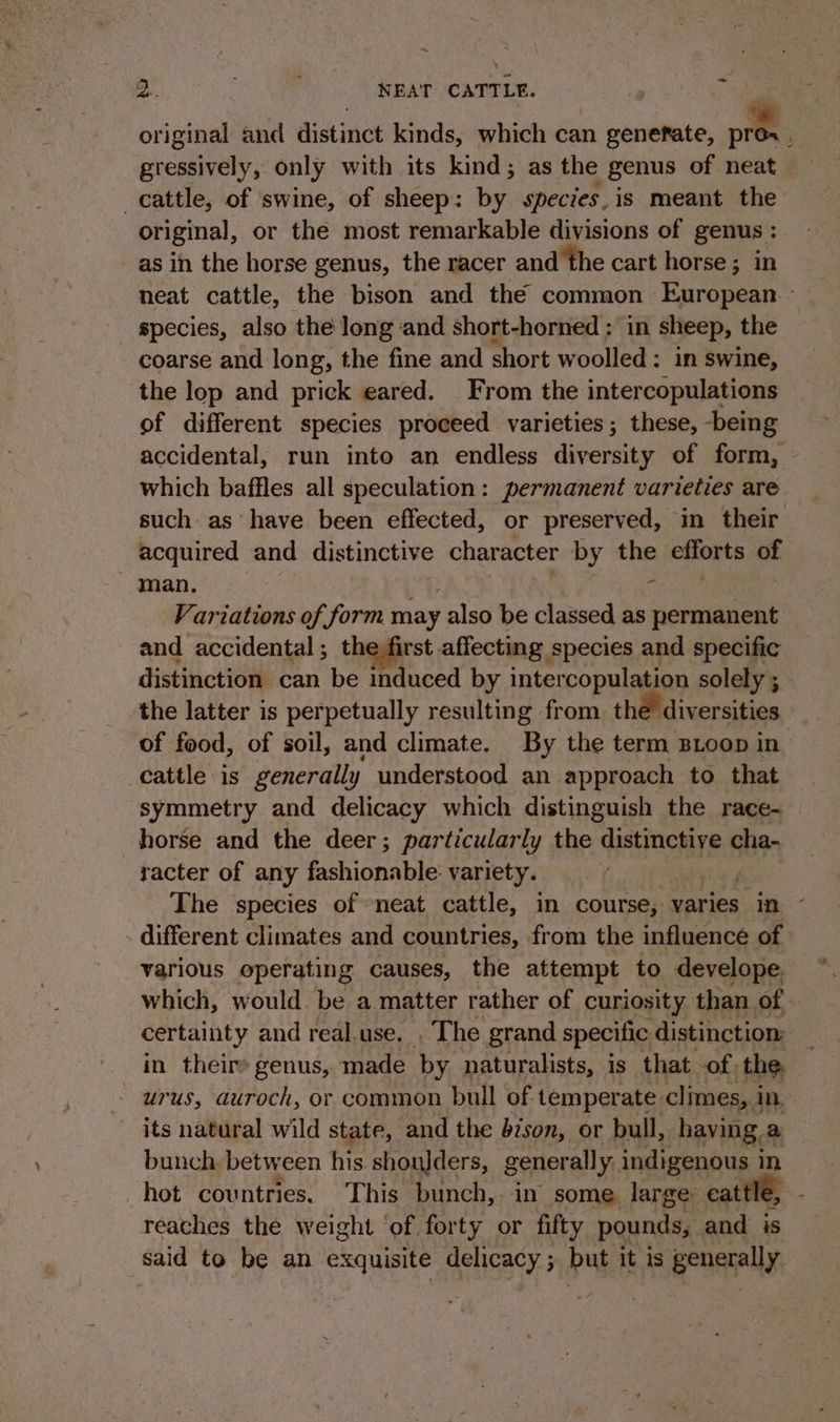 original and distinct kinds, which can genefate, ont gressively, only with its kind; as the genus of neat cattle, of swine, of sheep: by species, is meant the original, or the most remarkable divisions of genus : as in the horse genus, the racer and the cart horse; in neat cattle, the bison and thé common- European. - _ species, also the long and short-horned ; in sheep, the coarse and long, the fine and short woolled; in swine, ‘the lop and prick eared. From the intercopulations of different species proceed varieties; these, -being accidental, run into an endless diversity of form, which baffles all speculation: permanent varieties are. such as have been effected, or preserved, in their acquired and distinctive character by the efforts of Be ae ea “p ML hy Variations of form may also be classed as permanent and accidental; the first affecting species and specific distinction can be induced by intercopulation solely ; - the latter is perpetually resulting from the diversities. of food, of soil, and climate. By the term BLoop in. cattle is generally understood an approach to that symmetry and delicacy which distinguish the race- horse and the deer; particularly the “distinctive cha- racter of any fashionable. variety. | The species of neat cattle, in course, varies in different climates and countries, from the influence of various operating causes, the attempt to develope, which, would. be a matter rather of curiosity than. of certainty and real. use, . The grand specific distinction in their» genus, made by naturalists, is that of. the, urus, auroch, or common bull of temperate: climes, in. its natural wild state, and the bison, or bull, having, a bunch. between his. shoulders, generally pede in hot countries. This bunch, in some large: eatt: reaches the weight of forty or fifty pounds, and is said to be an ‘exquisite delicacy ; but it is generally