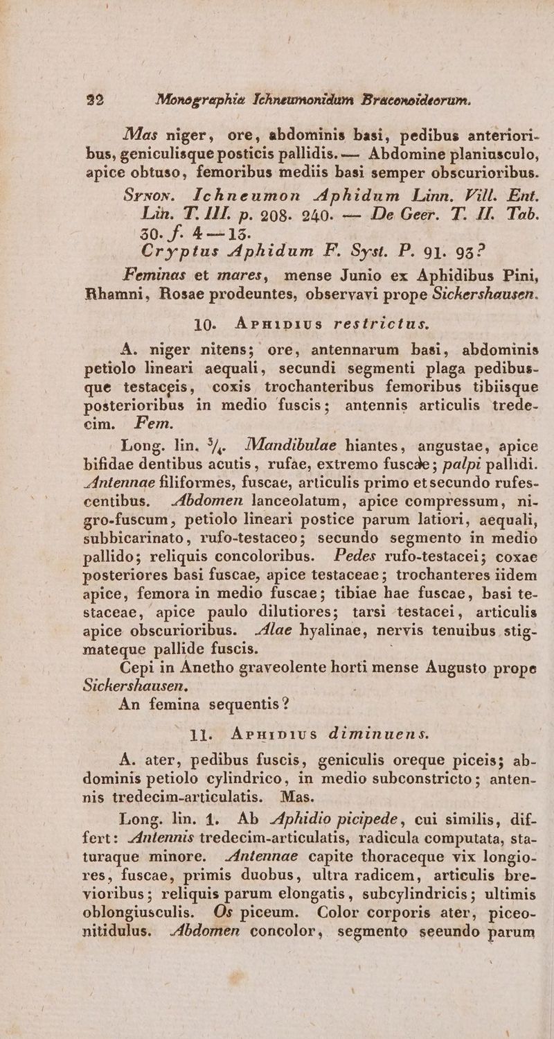JMas niger, ore, abdominis basi, pedibus anteriori- bus, geniculisque posticis pallidis. — Abdomine planiusculo, apice obtuso, femoribus mediis basi semper obscurioribus. Srwow. Ichneumon 4phidum Linn. Vill. Ent. Lin. T. I1I. p. 208. 240. — De Geer. T. II. Tab. 30. f. 4—13. Cryptus AAphidum F. Syst. P. 93. 95? Feminas et mares, mense Junio ex Aphidibus Pini, RHhamni, Hosae prodeuntes, observavi prope Sickershausen. 10. Arnmipnius restrictus. À. niger nitens; ore, antennarum basi, abdominis petiolo lineari aequali, secundi segmenti plaga pedibus- que testaceis, coxis trochanteribus femoribus tibiisque posterioribus in medio fuscis; antennis articulis trede- cim. Fem. | Long. lin. 5. JMandibulae hiantes, angustae, apice bifidae dentibus acutis, rufae, extremo fuscde ; palpi palhdi. Zntennae filiformes, fuscae, articulis primo etsecundo rufes- centibus. fbdomen lanceolatum, apice compressum, ni- gro-fuscum, petiolo lineari postice parum latiori, aequali, subbicarinato, rufo-testaceo; secundo segmento in medio pallido; reliquis concoloribus. Pedes rufo-testacei; coxae posteriores basi fuscae, apice testaceae; trochanteres iidem apice, femora in medio fuscae; tibiae hae fuscae, basi te- staceae, apice paulo dilutiores; tarsi testacei, articulis apice obscurioribus. .4/ae hyalinae, nervis tenuibus stig- mateque pallide fuscis. ; Cepi in Ánetho graveolente horti mense Augusto prope Sichershausen. Àn femina sequentis ? ll. A»uripi:vus diminuen s. À. ater, pedibus fuscis, geniculis oreque piceis; ab- dominis petiolo cylindrico, in medio subconstricto; anten- nis tredecim-articulatis. Mas. Long. lin. 4. Ab -4phidio picipede, cui similis, dif- fert: nlennis tredecim-articulatis, radicula computata, sta- turaque minore. .ntennae capite thoraceque vix longio- res, fuscae, primis duobus, ultra radicem, articulis bre- yioribus; reliquis parum elongatis, subcylindricis; ultimis oblongiusculis. Os piceum. Color corporis ater, piceo- nitidulus. .4bdomen concolor, segmento seeundo parum
