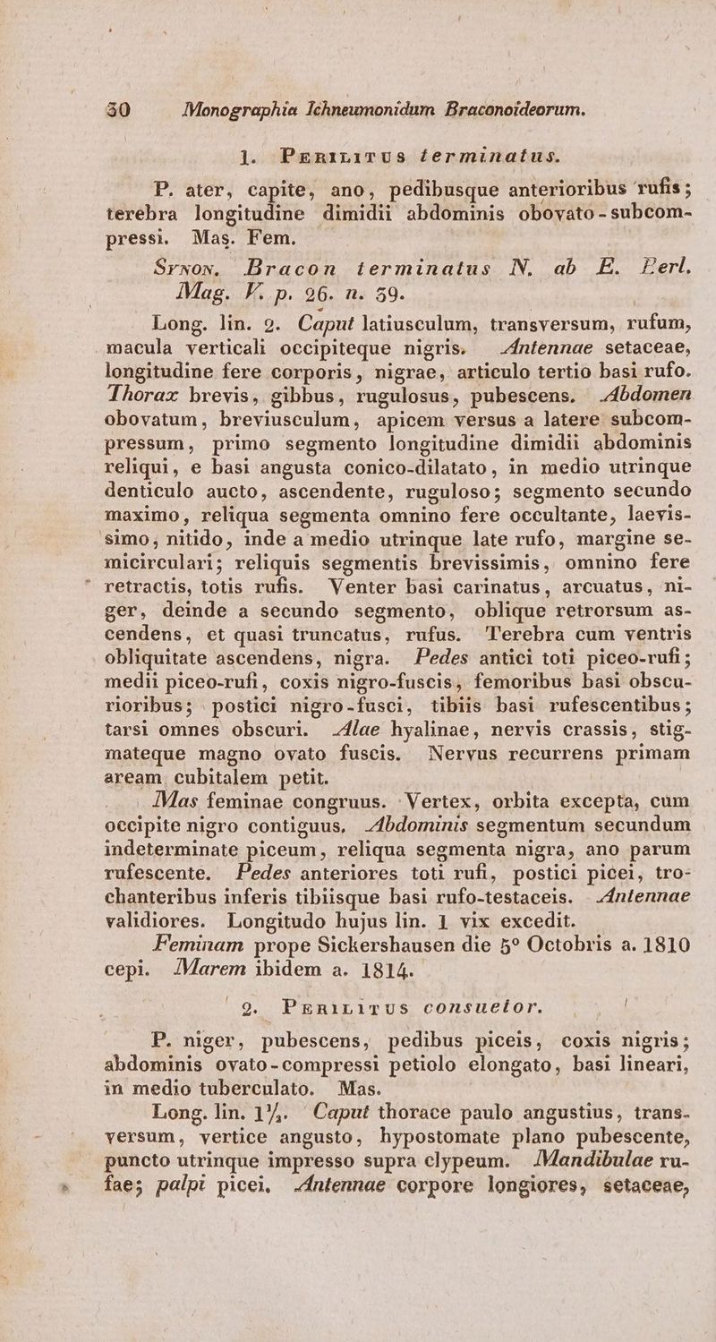 ]. Pgninirus £erminatus. P. ater, capite, ano, pedibusque anterioribus rufis ; terebra longitudine dimidii abdominis obovato - subcom- pressi. Mas. Fem. | Srwow Bracon terminatus N. ab E. EHerl. IMag. F..p. 96. n. 59. Long. lin. 9. Caput latiusculum, transversum, rufum, .maeula verticali occipiteque nigris, — 4ntennae setaceae, longitudine fere corporis, nigrae, articulo tertio basi rufo. Thorax brevis, gibbus, rugulosus, pubescens. ;4bdomen obovatum, breviusculum, apicem versus a latere subcom- pressum, primo segmento longitudine dimidii abdominis reliqui, e basi angusta conico-dilatato, in medio utrinque denticulo aucto, ascendente, ruguloso; segmento secundo maximo, reliqua segmenta omnino fere occultante, laevis- .$imo, nitido, inde a medio utrinque late rufo, margine se- micirculari; reliquis segmentis brevissimis, omnino fere retractis, totis rufis. Venter basi carinatus, arcuatus, ni- ger, deinde a secundo segmento, oblique retrorsum as- cendens, et quasi truncatus, rufus. l'erebra cum ventris obliquitate ascendens, nigra. Pedes antici toti piceo-rufi; medii piceo-rufi, coxis nigro-fuscis, femoribus basi obscu- rioribus; postici nigro-fusci, tibiis basi rufescentibus ; tarsi omnes obscuri. ae hyalinae, nervis crassis, stig- mateque magno ovato fuscis. Nervus recurrens primam aream. cubitalem petit. . 4Mas feminae congruus. Vertex, orbita excepta, cum occipite nigro contiguus, bdominis segmentum secundum indeterminate piceum, reliqua segmenta nigra, ano parum rufescente. Pedes anteriores toti rufi, postici picei, tro- chanteribus inferis tibiüisque basi rufo-testaceis. |; dntennae validiores. Longitudo hujus lin. 1 vix excedit. Feminam prope Sickershausen die 5? Octobris a. 1810 cepi. J/Marem ibidem a. 1814. 9. PEnRiL1iTUS consuelor. I P. niger, pubescens, pedibus piceis, coxis nigris; abdominis ovato-compressi petiolo elongato, basi lineari, in medio tuberculato. Mas. Long.lin. 17. Caput thorace paulo angustius, trans. versum, vertice angusto, hypostomate plano pubescente, puncto utrinque impresso supra clypeum. —/Mandibulae ru- fae; palpt picei, .4ntennae corpore longiores, setaceae,