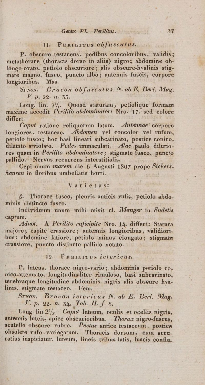 1l. PEnir1 vus obf uscatus. P. obscure. testaceus, pedibus concoloribus, validis ; metathorace (thoracis dorso in aliis) nigro; abdomine ob- lóngo-ovato, petiolo obscuriore; alis obscure-hyalinis stig- mate magno, fusco, puncto albo; antennis fuscis, corpore longioribus. Mas. Srwow. Dracon obfuscatus. N. ab E. Berl. Mag. F. p. 29. n. 58. Long. lin. 2/4. Quoad staturam, petiolique formam maxime accedit Perilito abdominatori Nro. 17. sed colore differt. TUN Caput ratione reliquorum latum. ntennae- corpore longiores, testaceae. 4fbdomen vel concolor vel rufum, petiolo fusco; hoc basi lineari subcarinato, postice conico- dilatato ——€ Pedes immaculati. Zflae paulo dilutio- res quam in Perilito abdominatore ; stigmate fusco, puncto pallido. ^ Nervus recurrens interstitialis. Cepi unum 7znarem die 6 Augusti 1807 prope ; pichens- heusen in floribus umbellatis horti. V arietas: B- . Thorace fusco, pleuris anticis rufis, petiolo abdo- minis distincte fusco. | Individuum unum mihi misit E Manger. in Sadetis captum. Z4dnot. | A Perilito ruficipite Nvo. | 14- d fonds Statura majore; capite crassiore; antennis longioribus, validiori- bus; abdomine latiore, petiolo minus elongato; stigmate crassiore, puncto distincto pallido notato. 19. Praniricvvus iclericus. P. lisud thorace nigro-vario; abdominis petiolo co. nico-attenuato, longitudinaliter rimuloso, basi subcarinato, terebraque longitudine abdominis. nigris alis obseure hya- linis, stigmate testaceo. Fem. Srwow. Bracon ictericus N. ab E. Berl. Mag. V. p. 99. n. 54. Tab. IL f. 6. — Long. lin 2 j^ Caput luteum, oculis et ocellis nigris, antennis luteis, apice obscurioribus. | Thorax nigro-fuscus, scutello obscure rubro. Pecíus antice testaceum, postice . obsolete rufo-variegatum. Thoracis dorsum, cum accu. ratius inspiciatur, luteum, lineis tribus latis, fuscis . conflu.