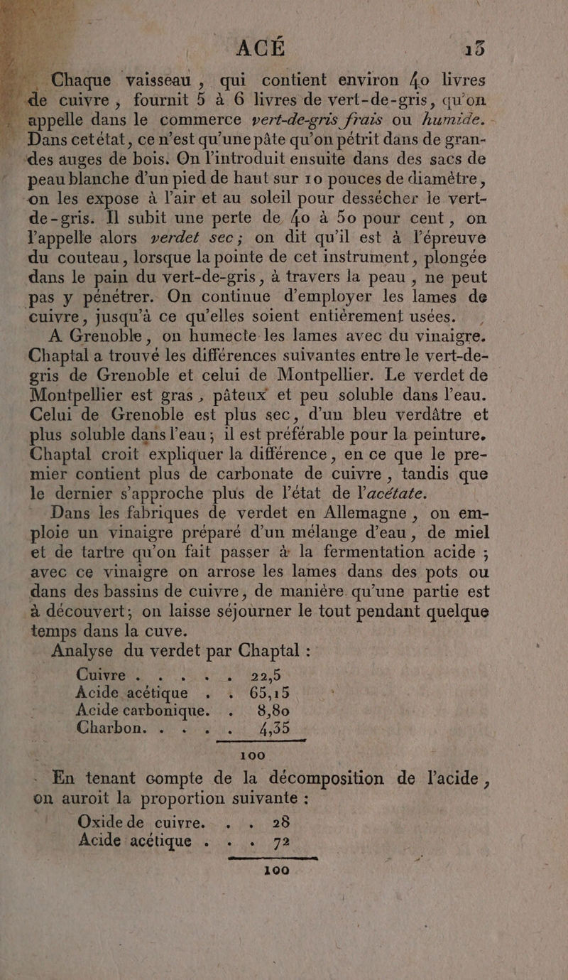 Chaque vaisseau , qui contient environ Jo livres de cuivre, fournit 5 à 6 livres de vert-de-gris, qu'on appelle dans le commerce vert-de-gris frais ou humide. - ‘des auges de bois. On l’introduit ensuite dans des sacs de peau blanche d’un pied de haut sur 10 pouces de diamètre, ‚on les expose à l'air et au soleil pour dessecher le vert- de-gris. Il subit une perte de 40 à 5o pour cent, on l'appelle alors verdet sec; on dit qu’il est à l'épreuve du couteau, lorsque la pointe de cet instrument, plongée dans le pain du vert-de-gris, à travers la peau , ne peut pas y pénétrer. On continue d'employer les lames de cuivre, jusqu'à ce qu’elles soient entièrement usées. A Grenoble, on humecte les lames avec du vinaigre. Chaptal a trouvé les différences suivantes entre le vert-de- gris de Grenoble et celui de Montpellier. Le verdet de Montpellier est gras , pâteux et peu soluble dans l’eau. Celui de Grenoble est plus sec, d’un bleu verdâtre et plus soluble dans l’eau; il est préférable pour la peinture. Chaptal croit expliquer la difference, en ce que le pre- mier contient plus de carbonate de cuivre , tandis que le dernier s'approche plus de l'état de l’acéfate. Dans les fabriques de verdet en Allemagne , on em- ploie un vinaigre préparé d’un mélange d’eau, de miel et de tartre qu’on fait passer à la fermentation acide ; avec ce vinaigre on arrose les lames dans des pots ou dans des bassins de cuivre, de manière qu’une partie est à découvert; on laisse séjourner le tout pendant quelque temps dans la cuve. Analyse du verdet par Chaptal : Ce) 7 rl 'o9 5 Acide acétique . . 65,15 Acide carbonique. . 8,80 Charbon on diet. 4438 \ 100 - En tenant compte de la décomposition de l'acide, on auroit la proportion suivante : Oxide de cuivre. . . 28 Acide acetique. : .. . 72