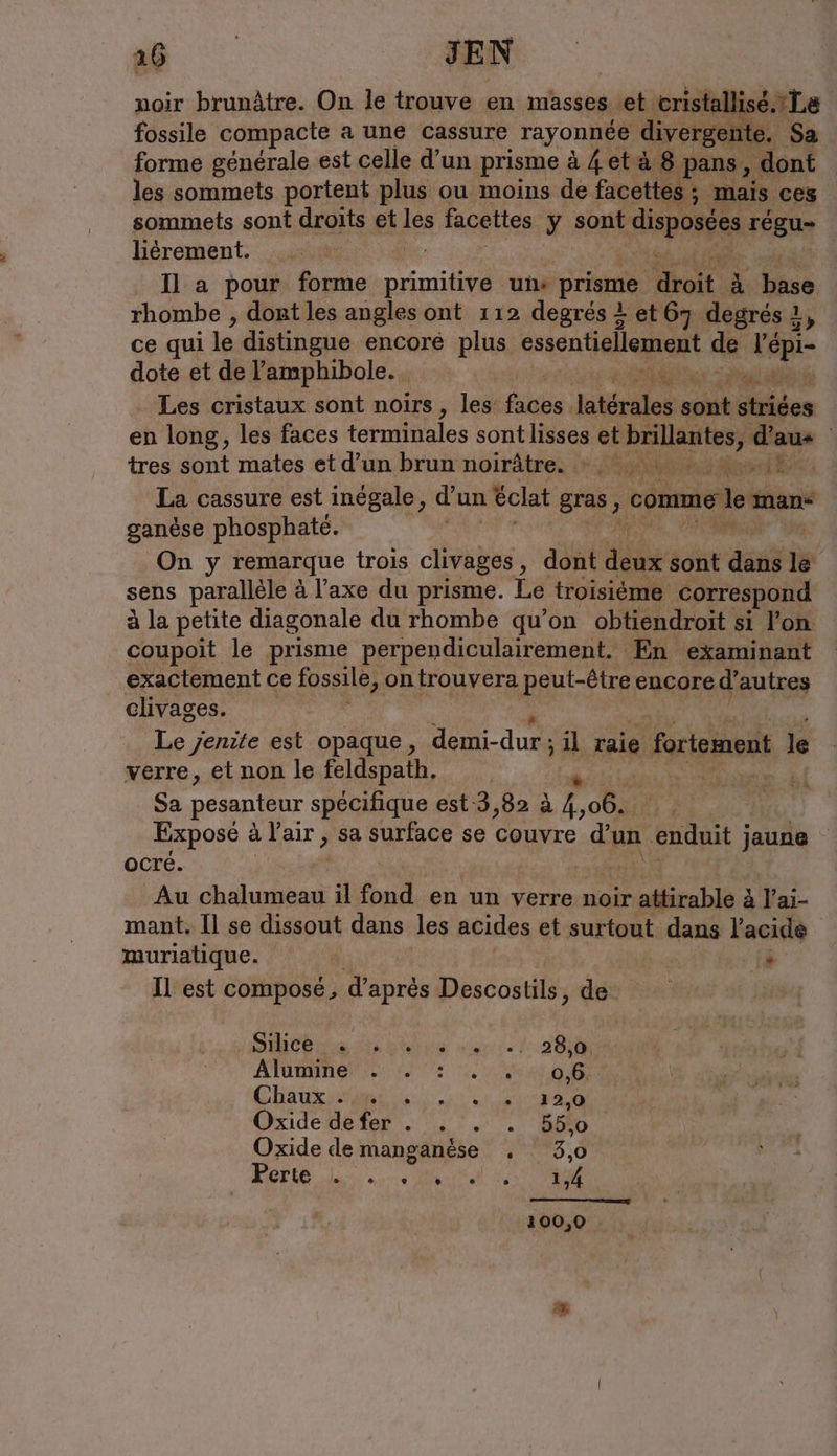 noir brunâtre. On le mu à en masses et cristallisé Le fossile compacte a une cassure rayonnée divergent . Sa forme générale est celle d’un prisme à 4et à 8 pans, dont les sommets portent plus ou moins de facettes ; mais ces sommets sont droits et les facettes y sont disposées régu- lierement. Il a pour forme ine ums prisme hot à: bre rhombe , dont les angles ont 112 degrés 4 et 67 degrés1, ce qui le distingue encore plus essentiellement de l'épi- dote et de lamphibole. tele Se . Les cristaux sont noirs, les fihbe: latérales sont dtibes en long, les faces terminales sont es et Are daus | tres sont mates et d’un brun noirätre. *. … 7e. La cassure est inégale, d’un éclat gras, comme le man ganèse phosphate. On y remarque trois clivages , dont dde sont day le sens parallèle à l'axe du prisme. Le troisième correspond à la petite diagonale du rhombe qu’on obtiendroit si l'on coupoit le prisme perpendiculairement. ÆEn examinant exactement ce fossile, ontrouvera peut-être € encore d’autres clivages. Le jenite est opaque, demi- durs il raie fortement is verre, et non le feldspath. : Sa pesanteur spécifique est 3,82 à 200% Exposé 2 à l'air , sa surface se couvre d’ un enduit j jaune ocré. | Au chalumeau il fond en un verre noir aktirabie ; à l’ai- mant. Il se dissout dans les acides et surtout dans l'acide muriatique. à Il est composé, d'aprés Descostils, des See te wir 28108 ATARI OR Chaux ane cs. x gs Oxide de fer . . . . 55,0 Oxide de manganése . 3,0 MOVIE di... ee 4 70 PRS nement À 100,0