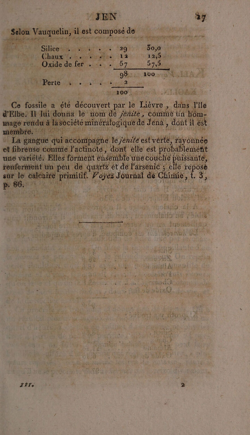 SEN | .. 4f Selon Vauquelin, il il est op de Per a % et opter er kn Silent tag 30,0 haar gr d! re 13 1 2,5 be Oxide de fer : + . 57 5739. 99,0 Oro 4 Perte in a ee DEN pi Root TIGRE Ce RT a été decouvert par le Lièvre , dans. l'ile «Elbe: IL lui donüa le nom dé yenite, Coins Ur n bom- mage Bm 5 été minérätogiquie dé Jena, dont il ‚est MÉPADEE. u © qe La gangue Qué acc öntipagne tey: dite rät tivénnés et fibreuse conıtie l’actinoté, ont elle est | robablemefit une variété: Elles forment bhéémble une couche püissanté: renferment un peu de quartz ét dé l’arsénié ;. Me ré osé sür Fe caléair è éd mitif. ‘4 cab ae dé cl himie, :5, p. 86. MUR Et | a CE £ Hin] j I : ir) &gt; BEE, ir L (2 ; j ; à a er ES  ' EPST ue LAN FN r 1 à à We E ; ‘ e 7 &amp; » “ FR PU | 202 sé Ass riin? vr ENT 3 j Eu 2 { r ° - Tite A 2