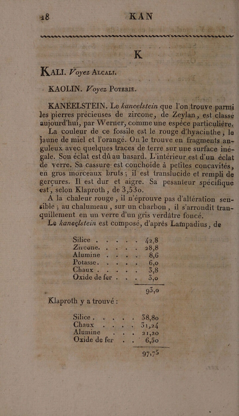 a8 KAN | re K ALI. V: oyez ALCALI : KAOLIN. Yoyez Porzrit. | KANEELSTEIN . Le kaneelstein que er ne puni les pierres précieuses de zircone, de Zeylan , est classé aujourd'hui, par Werner, comme une espéce particulière. La couleur de ce fossile ost le rouge d’hyaciuthe,, le jaune de miel et l’orangé. On le trouve en fragments an- guleux avec quelques traces de terre sur une surface iné- ale. Son éclat est dû au hasard. L'intérieur est d’un éclat FA verre. Sa cassure- est conchoïde à petites concavités, en gros morceaux bruts; il est translucide et rempli de gerçures. Il est dur et aigre. Sa pesanteur spécifique est, selon Klaproth, de 3,530. M 0 | A la chaleur rouge , il n’eprouve pas d’alteration sen- sible ; au chalumeau , sur un Charbon, il s’arrondit tran- quillement en un verre d’un gris verdâtre foncé. | Le kaneglstein est composé, d’après Lampadius, de Stier. PRE 42,8 Zrresne. „un 28,8 Alumine use. 18,6 Se otasse ie eier Chaux sn en Oxidedefer. . .. 3,0 93,0 Klaproth y a trouvé : Silice As [2 (2 [2 e 38,80 + CHaux, „un Si Alumine : . . 21,20 Oxide de fer . . ' 6,50
