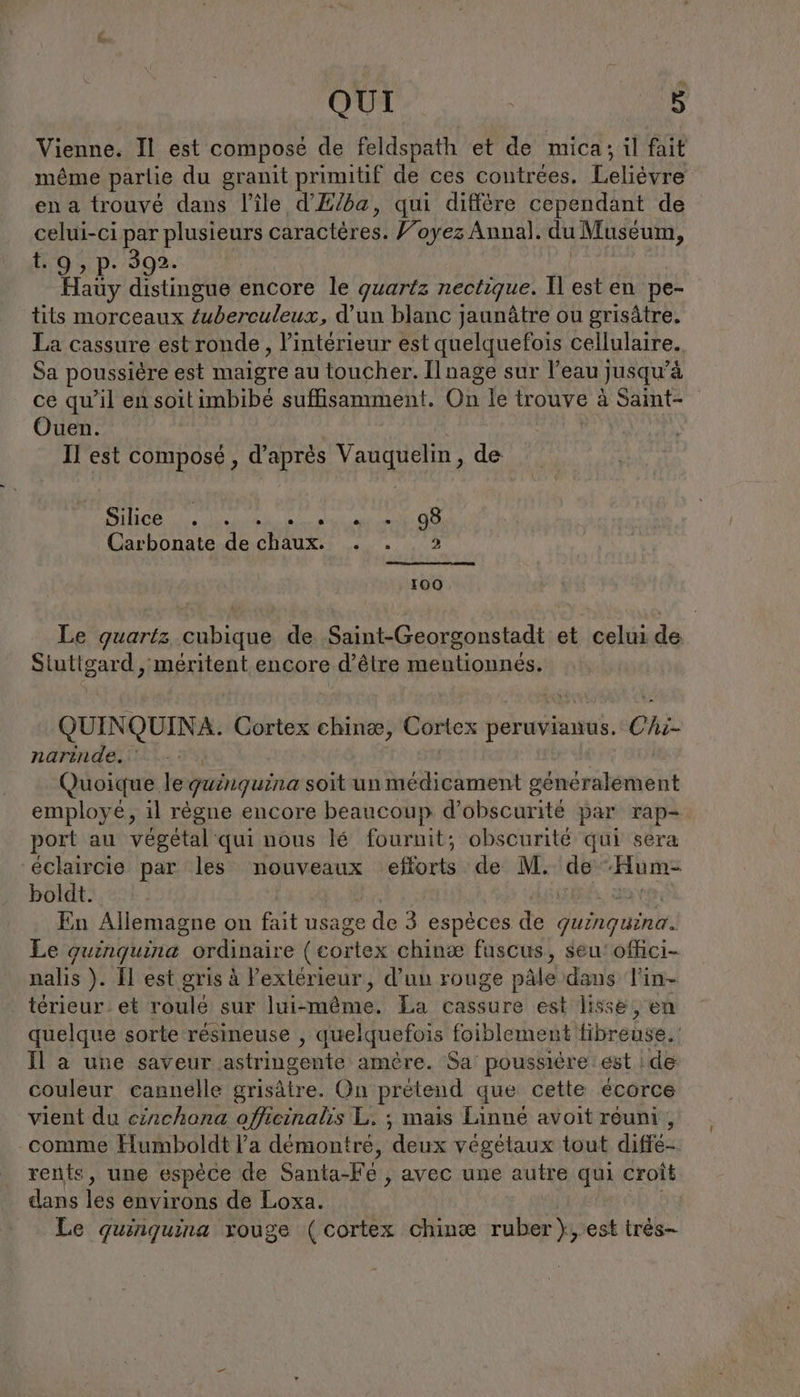 Vienne. TI est compose de feldspath et de mica; il fait même partie du granit primitif de ces contrées. Lelievre en a trouvé dans l’île d’Æ/ba, qui différe cependant de celui-ci par plusieurs caractères. Foyez Annal. EA Museum, t. 9, p. 392. Haüy distingue encore le quartz nectique. ll esten pe- tits morceaux Zubereuleux, d’un blanc jaunätre ou grisätre. La cassure estronde, l’intérieur est quelquefois cellulaire. Sa poussière est maigre au toucher. [nage sur l’eau Jusqu’ à ce qu’il en soit imbibé suffisamment. On le trouve à Saint- Ouen. Il est composé, d’après Vauquelin, de ee Carbonate de chaux. . . . 2 160 Le quarts cubique de Saint-Georgonstadt et celui de Stutigard, ‘méritent encore d’être mentionnés. QUINQUINA. Cortex chinæ, Bitter derutines. Chi narinde. -° Quoique le quinquina soit un médicament générée employé, il règne encore beaucoup d’ obscurité par rap- port au végétal qui nous lé fournit, obscurité qui sera 'eclaircie par les nouveaux efforts de M. de “Hum- boldt. | | Aire dev: En Allemagne on fait usage de 3 espèces de quinquina. Le quinquina ordinaire (cortex chinæ fuscus, seu'offici- nalis ). Il est gris à lextérieur, d’un rouge pâle dans l'in- térieur et roulé sur lui-même. La cassure est lisse, en quelque sorte résineuse , quelquefois foiblement fibreuse. Il a une saveur astringente amère. ‘Sa’ poussière: est | de couleur cannelle grisätre. On prétend que cette écorce vient du einchona officinalis L. ; mais Linné avoit réuni , comme Humboldt l’a démontre, deux végétaux tout diffé rents, une espece de Santa-Fe , avec une autre qui croît dans les environs de Loxa. Le quinguina rouge (cortex chinæ ruber ‚est ires-