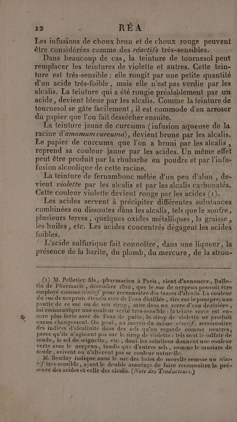 Les infusions de choux brun et de choux rouge peuvent être considérées comme des réactifs très-sensibles. Dans beaucoup de cas, la teinture de tournesol peut remplacer les teintures de violette et autres. Cette tein- ture est très-sensible : elle rougit par une petite quantité d’un acide trés-foible, mais elle n’est pas verdie par les alcalis. La teinture qui a été rougie préalablement par un acide , devient bleue par les alcalis. Comme la teinture de tournesol se gâte facilement , il est commode d’en arroser du papier que l’on fait dessécher ensuite. _ La teinture jaune de curcuma (infusion aqueuse de la racine d’amomum curcuma), devient bruné par les alcalis. Le papier de curcuma que l’on a bruni par les alcalis , reprend sa couleur jaune par les acides. Un même effet peut être produit par la rhubarbe en poudre et par l'infu- fusion alcoolique de cette racine. La teinture de fernambouc mélée d’un peu d’alun , de- vient »zolette par les alcalis et par les alcalis carbonatés. Cette couleur violette devient ronge par les acides (1). Les acides servent à précipiter différentes substances combinées ou dissoutes dans les alcalis, tels que le soufre, plusieurs terres, quelques oxides métalliques , la graisse , les huiles ‚etc. Les acides concentrés dégagent les acides foibles. | L’acide sulfurique fait connoitre, dans une liqueur, la présence de la barite, du plomb, du mercure, de la stron- (x) M. Pelletier fils,-pharmacien à Paris, vient d'annoncer, Bulle- tin de Pharmacie, décembre 1810, que le sue de nerprun pouvoit être émployé comme réactif pour reconnoitre dés traces d’alcalis. La couleur du suc de nerprun étendu avec de Veau distillee , tire sur le pourpre; une goutte de ce suc ou de son sirop, mise dans un verre d’eau derivière , lai communiqué une couleur verte très-sensible : lateinte verte est en- core plus forte avec de Peau de puiis; le sirop de violette ne produit aucun changement. On peut, au moyen du même rfactif, reconnoitre des indices d’alcalinité dans des sels qu’on regarde comme neutres parce qu’ils n’agissent pas sur Le sirop de violette : tels sont le sulfate de soude, le sel de seignette, etc., dont les solutions donnent une couleur verte avec le nerprun, tandis que d’autres sels, comme le muriate de soude , avivent ou n’alterent pas sa couleur naturelle, M. Bouilay indique aussi le suc des baies de morelle comme un réac- tf irés-sensible, ayant le double avantage de faire reconnoîitre la pre- sence des acides et celle des alcalis. (Vote des Traducteurs.)