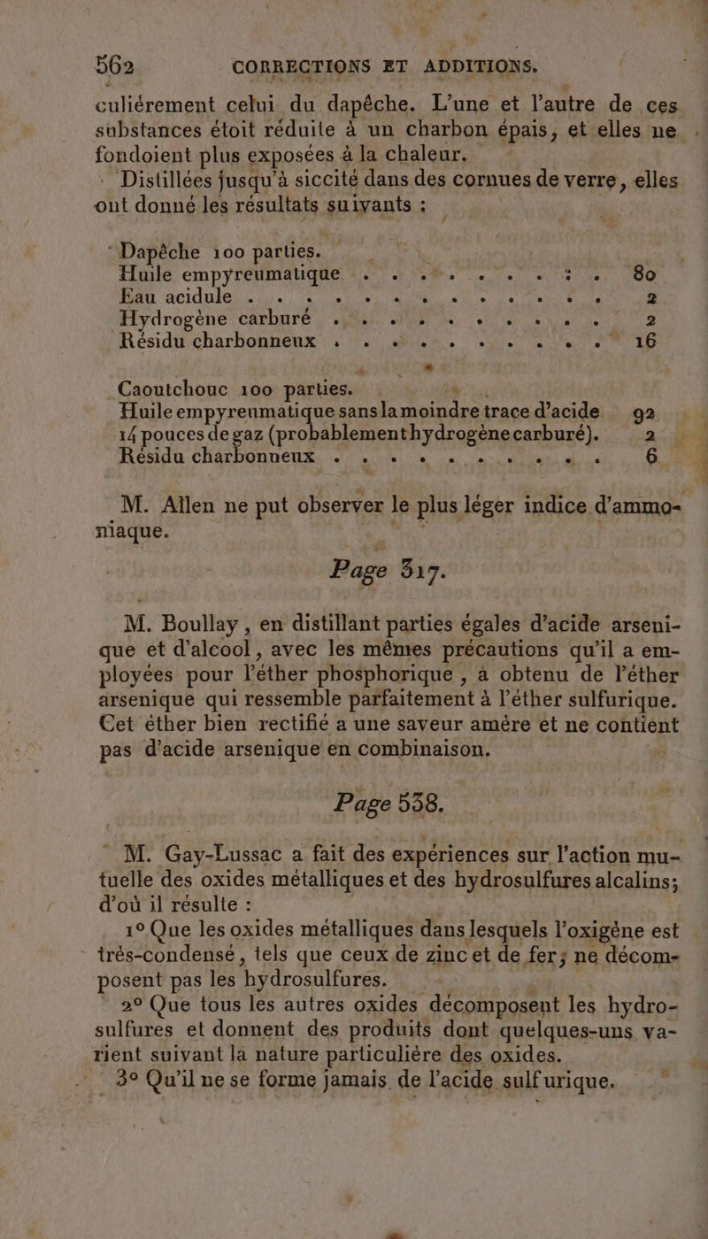 culiérement celui du dapêche. L’une et l’autre de ces substances étoit réduite à un charbon épais, et elles ne fondoient plus exposées à la chaleur. Distillées jusqu’à siccité dans des cornues de verre, elles où donné les résultats suivants : ; “Dap£che 100 parties. i Huile empyreumatique . . .. Bat acidule =... 0. 2,002 ou Hydrogene carburé. 4 2% Residu charbonneux : . 2... e . e e L e o ° L] » ‘ « Caoutchouc 100 parties. BT Huile empyrenmatique sanslamoindretrace d’acide 92 14 pouces de gaz (PrOPARIAMEn REY EEIERE carburé). niaque. Page 317. M. Boullay , en distillant parties egales d’acide arseni- que et d’alcool, avec les mêmes précautions qu’il a em- ployées pour l'éther phosphorique , à obtenu de léther arsenique qui ressemble parfaitement : à l’ether sulfurique. Cet éther bien rectifie a une saveur amère et ne contient pas d’acide arsenique en combinaison. Page 538. tuelle des oxides métalliques et des bydrosulfures alcalins; d’où ıl résulte : 1° Que les oxides métalliques dans lesquels l’oxigène est _ tres-condense, tels que ceux de zinc et de fer; ne decom- posent pas les by rdrosulfures. 2° Que tous les autres oxides décomposent les hydro- sulfures et donnent des produits dont quelques-uns va- rient suivant la nature particulière des oxides. _ 3° Qu'il ne se forme jamais. de l’acide sulf urique.