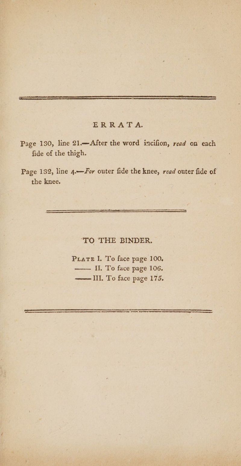 ERRATA. Page 130, line 21.—After the word saa read OM each fide of the thigh. Page 132, line 4.— or outer fide the knee, read outer fide of the knee. ‘TO THE BINDER. PuaTE I. To face page 100, Il. To face page 106. —— III. To face page 175.
