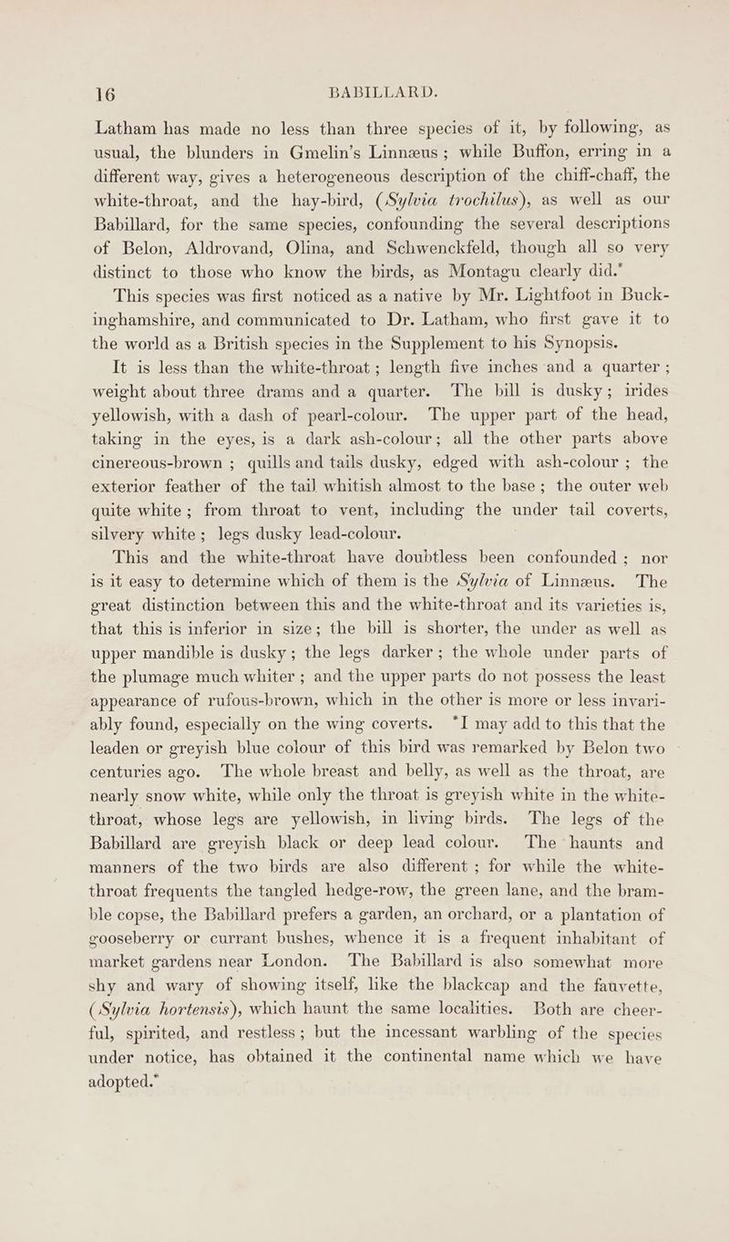 Latham has made no less than three species of it, by following, as usual, the blunders in Gmelin’s Linnzus; while Buffon, erring in a different way, gives a heterogeneous description of the chiff-chaff, the white-throat, and the hay-bird, (Sylvia trochilus), as well as our Babillard, for the same species, confounding the several descriptions of Belon, Aldrovand, Olina, and Schwenckfeld, though all so very distinct to those who know the birds, as Montagu clearly did.’ This species was first noticed as a native by Mr. Lightfoot in Buck- inghamshire, and communicated to Dr. Latham, who first gave it to the world as a British species in the Supplement to his Synopsis. It is less than the white-throat ; length five inches and a quarter ; weight about three drams and a quarter. The bill is dusky; irides yellowish, with a dash of pearl-colour. The upper part of the head, taking in the eyes, is a dark ash-colour; all the other parts above cinereous-brown ; quills and tails dusky, edged with ash-colour ; the exterior feather of the tail whitish almost to the base; the outer web quite white; from throat to vent, including the under tail coverts, silvery white; legs dusky lead-colour. This and the white-throat have doubtless been confounded ; nor is it easy to determine which of them is the Sylvia of Linnzus. The great distinction between this and the white-throat and its varieties is, that this is inferior in size; the bill is shorter, the under as well as upper mandible is dusky; the legs darker; the whole under parts of the plumage much whiter ; and the upper parts do not possess the least appearance of rufous-brown, which in the other is more or less invari- ably found, especially on the wing coverts. “I may add to this that the leaden or greyish blue colour of this bird was remarked by Belon two centuries ago. The whole breast and belly, as well as the throat, are nearly snow white, while only the throat is greyish white in the white- throat, whose legs are yellowish, in living birds. The legs of the Babillard are greyish black or deep lead colour. The haunts and manners of the two birds are also different ; for while the white- throat frequents the tangled hedge-row, the green lane, and the bram- ble copse, the Babillard prefers a garden, an orchard, or a plantation of gooseberry or currant bushes, whence it is a frequent inhabitant of market gardens near London. The Babillard is also somewhat more shy and wary of showing itself, like the blackcap and the fauvette, (Sylvia hortensis), which haunt the same localities. Both are cheer- ful, spirited, and restless; but the incessant warbling of the species under notice, has obtained it the continental name which we have adopted.”