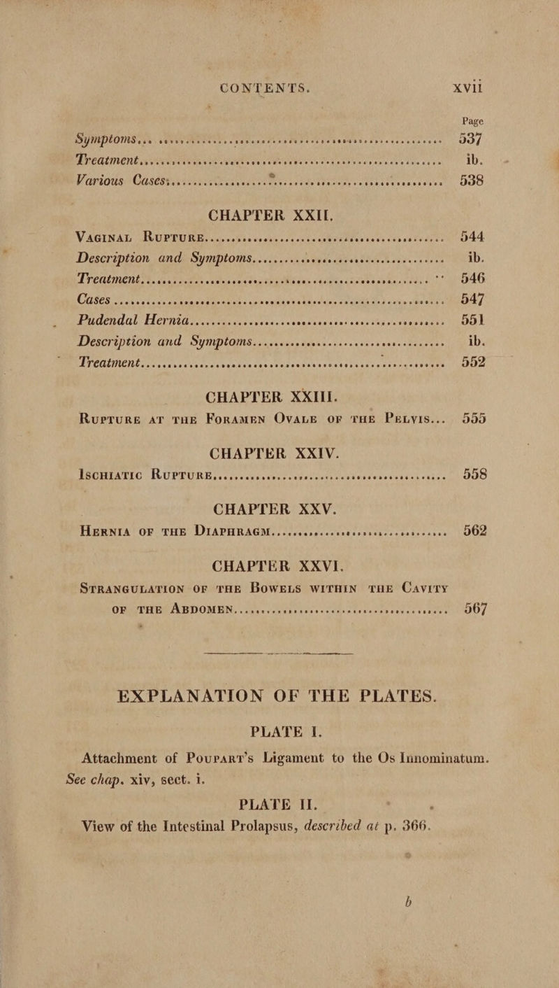 Page Symptoms. wwe. . MD EY ye Ee peneve sh steweuter es 237 BVOGUMENE Wvorsie avers STAAL SG Laas y capris air ite vay ib. Hastings: Cascais cinerea ea tess 3 ode Dwar cogere res pack ewes 538 CHAPTER XXII. VAGINAL RUPTURE...» 025iccoerecesostseeerens Be lagh seh kevin 544 Description and Symptoms.......... hvipee ses Watede beet cade es ib. Teen dass adie codvaves Yanenie Pres cata seretss ESS ** 646 CSO oid eee ME WOE wn Sutbuahig bes eta eg aaa Y dety sibel eetirs 547 Pudendat Hernia cetesdsescens ess ma biaea iat avers soe mubges cee Description and Symptoms........00. bap «alas aie es pupetmenena’ ib. I RCHLMEIE fea itis ivatsaibuntis feo ctsacapees css estes pe 3 552 CHAPTER XXIII. Ruprure avT THE ForRAMEN OVALE OF THE Petyis... 555 CHAPTER XXIV. ISCHIATIC RUPTURE. ccsccccccccsces beta thle’ eines Reo Ce. 558 CHAPTER XXV. HERNIA OF THE DIAPHRAGM.,....ccsececee EER yey Pa 562 CHAPTER XXVI. STRANGULATION OF THE BOWELS WITHIN THE Cavity TMT ES A BUOMEN, (chs s ccichecereacdain toeevensueceyseaen 567 EXPLANATION OF THE PLATES. PLATE If. Attachment of Poupart’s Ligament to the Os Innominatum. See chap. xiv, sect. i. PLATE II. ; View of the Intestinal Prolapsus, described aé p. 366.