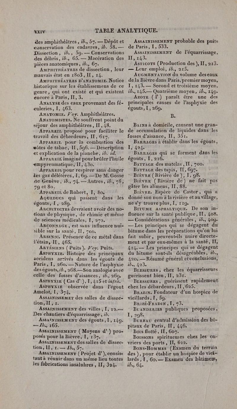 des amphithéâtres , 2b., 57. — Dépôt et conservation des cadavres, 1. 58. — Dissection, :0., 59.— Conservations des débris, 46., 65. — Macération des pièces anatomiques, #b., 67. AMPHITRÉATRES de dissection, leur mauvais état en 1803, IL, 14. AMPHITHÉATRES D'ANATOMIE. Notice historique sur les établissemens de ce genre, qui ont existé et qui existent encore à Paris, II, 3. ANALYSE des eaux provenant des fé- culeries, I, 465. ANATOMIE. Foy. Amphithéâtres. ANATOMISTES. Ne souffrent point du séjour des amphithéâtres, II, 48. APPAREIL proposé pour faciliter le travail des débardeurs, IT, 617. ArPAREIT, pour la combustion des #ôtes de tabac, IL,596.— Description et explication de la planche, #b. 1d. APPAREIL imaginé pour brüler l'huile <mpyreumatique, IE, 430. APPAREIR pour respirer sans danger es gaz délétères , I, 69. —De M. Gosse de Genève, :b., 74. — Autres, ib:, 78, 79 et 80. Apparetr de Robert, TI, 80, AQUEDUCS qui passent dans les égouts, I, 280. ARCHITECTES devraient avoir des no- tions de physique, de chimie et même de sciences médicales, I, 272. ARCONNAGE , est sans influence nui- sible sur la santé, Il, 700. ARseNrc, Présence de ce métal dans d'étain, IT, 465. ARTÉSIENS (Puits). Joy. Puits. Asrmyxte. Histoire des principaux accidens arrivés dans les égouts de Paris, I, 260. — Nature de lasphyxie des égouts, :b., 268.— Son analogie avec celle des fosses d’aisances, i4., 260. ASPHYX1E ( Cas d’),1,415 et infra. AsPnyx1e observée dans l'égout Âmelot, [, 374, ASSAINISSEMET des salles de dissec- tion, II, r. ASSAINISSEMENT des villes, I, 12.— Des chantiers d’équarrissage , 16. ASSATNISSEMENT des égouts, I, 149. — Ib., 165. ASSAINISSEMENT ( Moyens d° ) pro- posés pour la Bièvre, I, 137. ASssaINISsEMENT des salles de dissec- bon, ll, r.— 14. 55. ASSAINISSEMENT ( Projet d’), consis- tant à réunir dans un même lieu toutes les fabrications insalubres , 11, 324. AsSAINISSEMENT probable des puits de Paris, I, 533. ASsAINISSEMENT de l'équarrissage, 5:43. AsricoTs (Production des }, IE, 215. — Leur emploi, 44., 215, AUGMENTATION du volume deseaux de la Bièvre dans Paris, premier moyen, I, 143.— Second et troisième moyen, 1b., 145.— Quatrième moyen, 2b., 149. AzoTE (l’) paraît être une des principales causes de l’asphyxie des égouts, I, 260. B. Barns à domicile, causent une gran- de accumulation de liquides dans Îles fosses d’aisance, IL, 351. BarRAGEs à établir dans les égouts, I, 424. Barraces qui se forment dans les égouts, I, 216. BATTAGE des matelas , II, 700. BarTace des tapis, 11, 697. Brèvre (Rivière de ), I, 98. Bièvre (Rivière de) ne fait pas gâter les alimens, IT, 88. Bièvre. Espèce de Castor, qui a donné son nom à larivière et au village, ne s’y trouve plus, Ï, 119. BITUME ASPHALTIQUE. De son in- fluence sur la santé publique, IF, 408. — Considérations générales , 1b., 40ÿ. — Les principes qui se dégagent du bitume dans les préparations qu’on lui fait subir, peuvent-ils nuire directe- ment et par eux-mêmes à la santé, IL, 414. — Les principes qui se dégagent du bitume sont-ils désagréables, 2., 420, — Résumé général etconclusions, bn RAS Bressures, chez les équarrisseurs guérissent bien, II, 25r. BLessurEs, guérissent rapidement chez les débardeurs , II , 625. Brazin. Fondateur d’un hospice de vieillards, I, 59. Brizé-FRrAaDIN , I, 93. BuanpertEs publiques proposées, I, 298. Bureau central d'admission des hô- pitaux de Paris, II, 446. Bors flotté, II, 607. Boissons spiritueuses chez les’ ou- vriers des ports , II, 622. Boxs-Hommes (Examen du terrain des ), pour établir un hospice de viei- lards , I, 60.— Examen des bâtimem, cb, 64.
