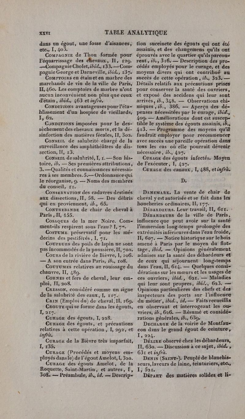 dans un égout, une fosse d’aisances, etc., I, 405. CompraGnte de Thou formée pour l’équarrissage des chevaux, IL, 120. Compagnie Cholet,:bid., 133.-—Com- pagnie George et Darneville, ibid,, 137. Comrrorrs en étain ét en marbre des marchands de vin de la ville de Paris, IE, 460. Les comptoirs de marbre n’ont aucun inconvénient non plus que ceux d'étain , ibid, 463 et infra. Conprrrows avantageuses pour l’éta- blissement d’un hospice de vieillards, I, 62. ConpiTIons imposées pour le des- sèchement des chevaux morts, et la dé- sinfection des matières fécales, IE, 302. Coxsetz de salubrité chargé de la surveillance des amphithéâtres de dis- section, IT, 13. Coxserr de salubrité, I, 1.—-Son his- toire, 2. — Ses premières attributions, 3.-—Qualités et connaissances nécessai- res àses membres.5.— Ordonnance qui le réorganise, 0. — Noms des membres du conseil, rr. Cons£rvarron des cadavres destinés aux dissections, II, 58. —— Des débris qui en proviennent, 4b., 65. CoNTREBANDE de chair de cheval à Paris , II, 455. Cosaques de la mer Noire. Com- ment-ils respirent sous l’eau? I, 7m. CosTumE préservatif pour les mé- decins des pestiférés, I, 7r. Covreurs des poils de lapin ne sont pas incommodés de la poussière, IE, 7on. Cours de la rivière de Bièvre, 1, 106. — À son entrée dans Paris, 24., 108. CouTumes relatives au rouissage du chanvre, II, 480. Corxes et fers de cheval, leur em- ploi, IT, 208. CRESSON, considéré comme un signe de la salubrité dés eaux, I, 117. Crin (Emploi du) de cheval, IT, r69,. CrouTE qui se forme dans les égouts, Ï, 217. Curace des égouts, I, 228. CurAGE des égouts, et précautions relatives à cette opération, I, 292, et infra, CuraGe de la Bièvre très imparfait, Ï, 135, CuRAGE (Procédés et moyens em- ployés dans le) de l'égout Amelot, I, 320. CurAGE des égouts Amelot, de la Roquette, Saint-Martin, et autres, I, 308. — Préambule, i., id, == Descrip+ tion succincte des égouts qui ont été assainis, et des changemens qu’ils ont éprouvés avec le quartier qu’ils parcous rent ; &amp;b., 316, — Description des pro- cédés employés pour le curage, et des moyens divers qui ont contribué au succès de cette opération, 20., 323. — Détails relatifs aux précautions prises pour conserver la santé des ouvriers, et exposé des accidens qui leur sont arrivés, &amp;b., 348. — Observations chi- miques ;, 10, 386, — Apercu des dé= penses nécessitées par le curage, ibid. 469. — Améliorations dont est susceps tible le système des égouts assainis, 58., 413. — Programme des moyens qu'il faudrait employer pour recommencer avec succès une pareille opération dans tous les cas où elle pourrait dévenir nécessaire , 2., 427. CuraGe des égouts infectés. Moyen de lexécuter , FE, 427. CuraGE des canaux, I, 488, etenfra. D. Danemark. La vente de chair de cheval y est autorisée et se fait dans les boucheries ordinaires, I, 177. Désarpeurs. Leur travail, IL, 6rr. Déparpeurs de la ville de Paris, influence que peut avoir sur la santé l'immersion long-temps prolongée des extrémités inférieures dans l’eau froide, II, 607. — Notice historique sur leboïs amené à Paris par le moyen du flot- tage, ibid, — Opinions généralement admises sur la santé des débardéurs et de ceux qui séjournent long-temps dans l’eau, Il, 614. — Quelques consis dérations sur les mœurs et les usages de ces ouvriers, ibid., 621. — Maladies qui leur sont propres, ibid,, 623. — Opinions particulières des chefs ét des inspecteurs des ports sur l'influence du métier’, ibid., id.— Faits recueillis en observant et interrogeant les ou vriers, &amp;6., 626. — Résumé et considés rations générales, &amp;b., 659. DeEcHareEe de la voirie de Montfaus con dans le grand égout de ceinture, lj 2a4: | Décrire observé chez les débardeurs, IT, 630. — Discussion à ce sujet, ibid. , 63x et infra. Denis (Sarwr-). Peuplé de blanchis- seurs,laveurs de laine, teïnturiers,etc., I, 5or. : Départ des matières solides et li-
