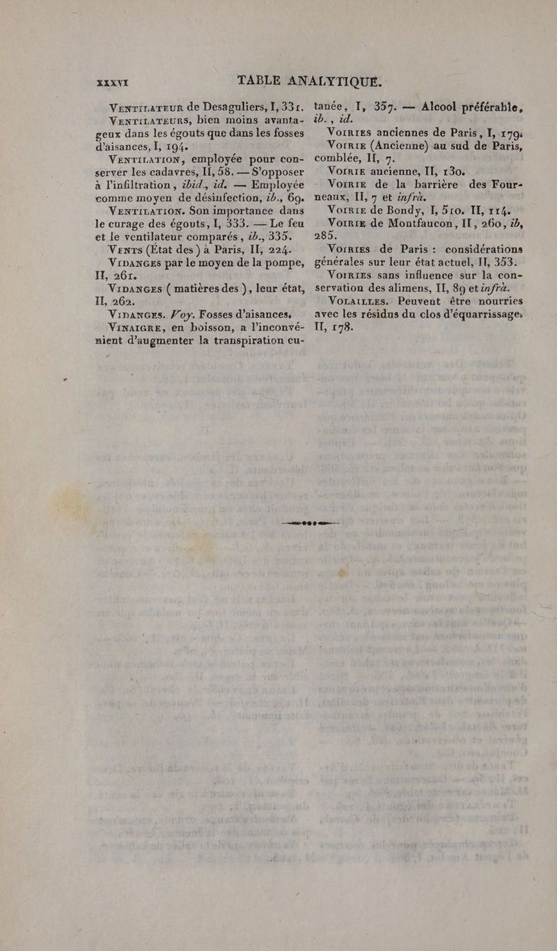 Venrirareur de Desaguliers, I, 33 r. VENTILATEURS, bien moins avanta- geux dans les égouts que dans les fosses d’aisances, I, 194. VENTILATION, employée pour con- server les cadavres, If, 58. — S’opposer à l'infiltration , cbid., id. — Employée comme moyen de désinfection, zb., 69. VENTILATION. Son importance dans le curage des égouts, [, 333. — Le feu et le ventilateur comparés, #b., 335. Vents (Etat des ) à Paris, II, 224. VipanGes par le moyen de la pompe, IH, 267. VipancGes ( matières des }), leur état, II, 262. Vinancrs. Voy. Fosses d’aisances, VinaiGrE, en boisson, a l’inconvé- nient d'augmenter la transpiration cu- tanée, I, 357. — Alcool préférable, CURE 7 À Vorrtes anciennes de Paris, I, 1704 Vorrie (Ancienne) au sud de Pifis, comblée, IE, 7: VorRiE ancienne, II, 130. Voirie de la barrière des Four- neaux, Il, 7 et enfra. Vorrie de Bondy, I, 51o. II, 114. Vorrte de Montfaucon, Il, a66! ib, 285. Vorrtes de Paris : considérations générales sur leur état actuel, I, 353. Votrtes sans influence sur la con- servation des alimens, IL, 89 et infra. Vozairres. Peuvent être nourries avec les résidus du clos d’équarrissage: IL, 178.