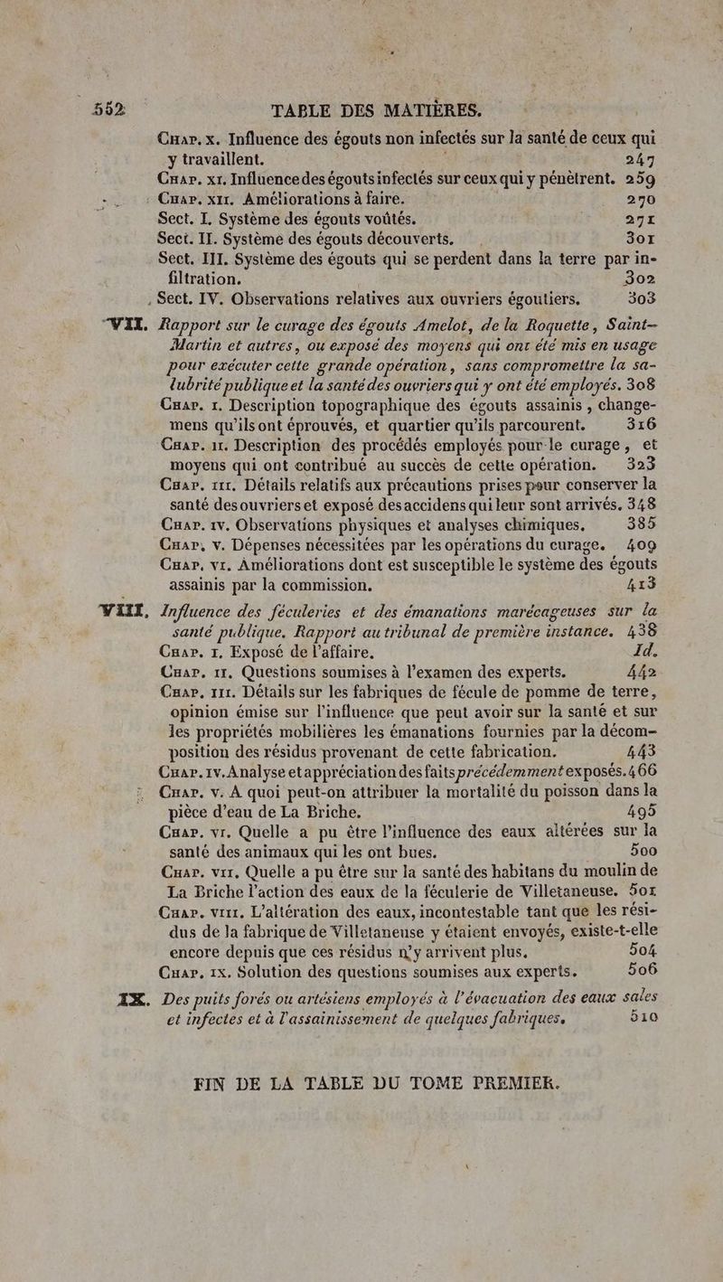 “VIT. VAIL, Cnar, x. Influence des égouts non infectés sur la santé de ceux qui y travaillent. 247 Cuar. xr. Influencedes égoutsinfectés sur ceux qui y pénètrent. 259 Cuar. x11. Améliorations à faire. 270 Sect. I, Système des égouts voûtés. 291 Sect. IE. Système des égouts découverts. , 307 Sect. III. Système des égouts qui se perdent dans la terre par in- filtration. 302 Sect. IV. Observations relatives aux ouvriers égoutiers, 303 Rapport sur le curage des égouts Amelot, de la Roquette, Saint- Martin et autres, ou exposé des moyens qui ont été mis en usage pour exécuter cette grande opération, sans compromettre la sa- lubrité publiqueet la santé des ouvriers qui y ont été employés. 308 Cmar. 1. Description topographique des égouts assainis , change- mens qu'ils ont éprouvés, et quartier qu’ils parcourent. 316 Cuar. 11. Description des procédés employés pour-le curage, et moyens qui ont contribué au succès de cette opération. 323 Cuar. 111, Détails relatifs aux précautions prises pour conserver la santé desouvriers et exposé des accidens qui leur sont arrivés. 348 Cuar. 1v. Observations physiques et analyses chimiques. 385 Car, v. Dépenses nécessitées par les opérations du curage. 409 Cuar, vr. Améliorations dont est susceptible le système des égouts assainis par la commission. 413 Influence des féculeries et des émanations marécageuses sur la santé publique. Rapport autribunal de première instance. 438 Caar. 1, Exposé de l'affaire. Id. Cuar, 11, Questions soumises à l’examen des experts. Â42 Cæar, 111. Détails sur les fabriques de fécule de pomme de terre, opinion émise sur l'influence que peut avoir sur la sante et sur les propriétés mobilières les émanations fournies par la décom- position des résidus provenant de cette fabricauon. 443 Cuar.1v.Analyse etappréciation des faits précédemment exposés.466 Cuar. v. À quoi peut-on attribuer la mortalité du poisson dans la pièce d’eau de La Briche. 495 Cuar. vr. Quelle a pu être l'influence des eaux altérées sur la santé des animaux qui les ont bues. 500 Car. vi, Quelle a pu être sur la santé des habitans du moulin de La Briche l’action des eaux de la féculerie de Villetaneuse. 50x Car. vrir, L’altération des eaux, incontestable tant que les rési- dus de la fabrique de Villetaneuse y étaient envoyés, existe-t-elle encore depuis que ces résidus my arrivent plus. 504 Cuar. 1x. Solution des questions soumises aux experts. 506 et infectes et à l'assainissement de quelques fabriques. 5io FIN DE LA TABLE DU TOME PREMIEK.