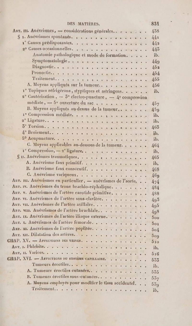 À 1. Anévrismes spontanées f'ansioneile lo 1° Causes prédisposanies, , , . , . , 20 Causes occasionnelles, , 4, . . e e Symptomatologie sn 48 ss. Diagnpstic.… sosohln “6 + : Pronostic. . e L e L L] D 3 e LL L La e LI 9 ® L Tralement., : 0. OR L2 L) A. Moyens appliqués sur la tumeur... , médiate , — 5° ouverture du sac . , . e e L] LC e s$ é CI 9 1° Compression médiate, , , ., 2 Élealure.. 7 + + LS D'Or IORS Se 1” Broiement.s , 27. 69 Acophneture, : 5. à ; 9, % à L) L: L L2 e. 0 e e a. ® e 1° Compression, — 2° ligature, . LA e L e ART. ART. ART. ART. ART, ART, ART. ART. ART. ART, CHAP. ART. ART, CHAP, A. Anévrisme faux DOUÉ eue + à » B. Anévrisme faux conséculif. . . . . G:. Arrévrisme variqueux. TS ® vi. Anévrismes de l'artère sous-clavière. . vi. Anévrismes de l’artère axillaire. . . . vi, Anévrismes de l'artère brachiale,, , x. Anévrismes de l'artère iliaque externe. x. Anévrismes de l'artère fémorale. , . . xr. Anévrismes de Partère poplitée. . ,. . xx. Dilatation des artères, M, :,-,., XV. — AFFECTIONS DES VEINES. « + « + iPhlélbitel 71000 CE CORRE IL Varicésss tr... ve CR 7. À, XVI. — AFFECTIONS DU SYSTÈME CAPILLAIRE. Tumeurs érectiles, . 22/0000 5 4 A. Tumeurs érectiles cutanées... , . . B. Tumeurs érectiles sous-culances,, , Trautement.: 4° 22000 2 ® L ® e a La L L]