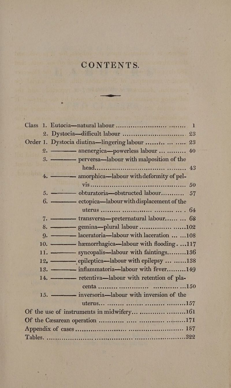CONTENTS. eles Class 1. Eutocia—natural labour .............006 abies eneren tess ie 1 2. Dystocia—difficult labour ...........¢66. vy eshias Seeiebevs BS Order 1. Dystocia diutina—lingering labour ......56. 6. see. 23 2. anenergica—powerless labour ... .......-. AO 3.—— perversa—labour with malposition of the Had seadscsscieo on ors ifaw contest hast dae srs wo 43 A — amorphica—labour with deformity of pel- VIS even Meee ecer sare shes ccarete side. BOGOR 50 i.— obturatoria—obstructed labour........... ST 6. —— ectopica—labour with displacement of the TIVCTU Ses gente aneys ces na gena ony cals Oe anya: . 64 ~— transversa—preternatural labour...... ... 68 8. — gemina—plural labour ............068 sseeee 102 9. — laceratoria—labour with laceration ... ... 108 10. ———-——— hemorrhagica—labour with flooding. ...117 11, syncopalis—labour with faintings......... 136 12, epileptica—labour with epilepsy ... ...... 138 13. ————— inflammatoria—labour with fever......... 149 14, —— retentiva—labour with retention of pla- CONTA ...ccceee cseersveccsere ons eeeees pee oe 150 15. ———. inversoria—labour with inversion of the URCTUG scene toe psa ea eee se [desess eee ceeesssss 157 Of the use of instruments in midwifery... ........c006 eesereees 161 Of the Cesarean operation ...... Benn hes RBdHe epee Lied a ees 171 Appendix of Cases ....scscsseesseees sae peehens LORS SE Soe cH INPEOHODOERT 187 Tapleee. jcc. “nebenite Device sas tears ystener as nste ne SP eee