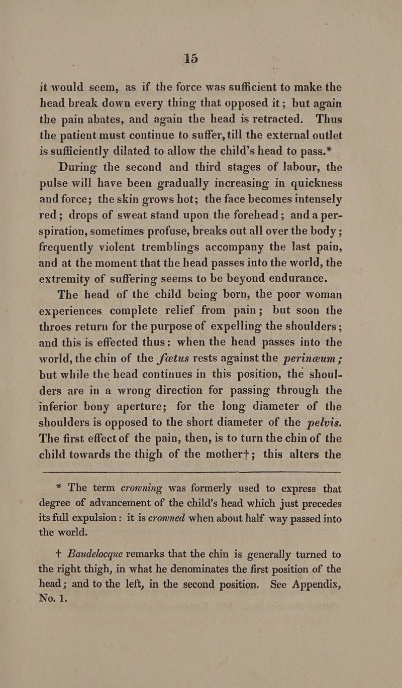 it would seem, as if the force was sufficient to make the head break down every thing that opposed it; but again the pain abates, and again the head is retracted. Thus the patient must continue to suffer, till the external outlet is sufficiently dilated to allow the child’s head to pass.* During the second and third stages of labour, the pulse will have been gradually increasing in quickness and force; the skin grows hot; the face becomes intensely red; drops of sweat stand upon the forehead; anda per- spiration, sometimes profuse, breaks out all over the body; frequently violent tremblings accompany the last pain, and at the moment that the head passes into the world, the extremity of suffering seems to be beyond endurance. The head of the child being born, the poor woman experiences. complete relief from pain; but soon the throes return for the purpose of expelling the shoulders ; and this is effected thus: when the head passes into the world, the chin of the foetus rests against the perineum ; but while the head continues in this position, the shoul- ders are in a wrong direction for passing through the inferior bony aperture; for the long diameter of the shoulders is opposed to the short diameter of the pelvis. The first effect of the pain, then, is to turn the chin of the child towards the thigh of the mother}; this alters the * The term crowning was formerly used to express that degree of advancement of the child’s head which just precedes its full expulsion: it is crowned when about half way passed into the world. + Baudelocque remarks that the chin is generally turned to the right thigh, in what he denominates the first position of the head ; and to the left, in the second position. See Appendix, No. 1.