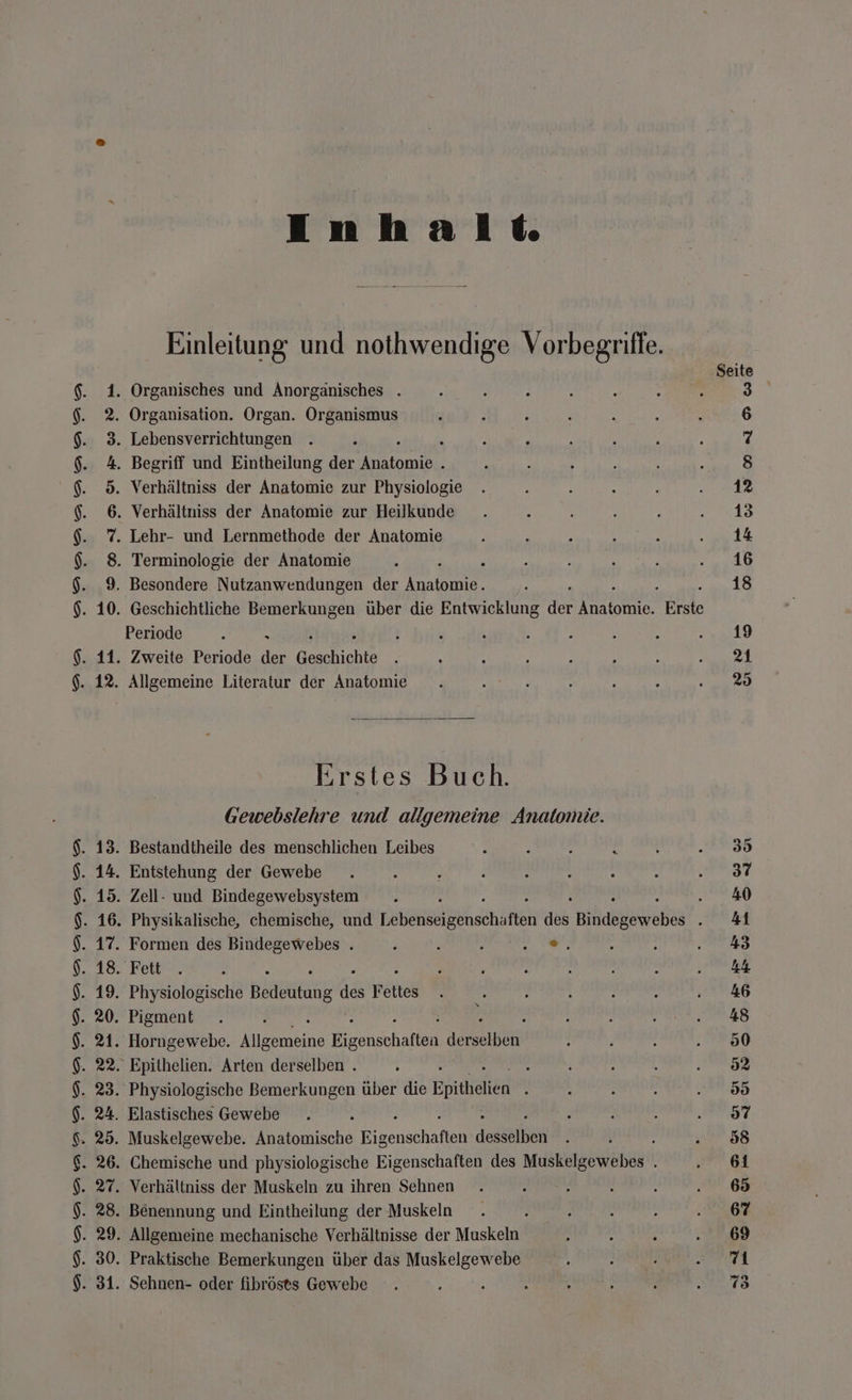 ao N a DD m Sp auanrpmm Inhalk Einleitung und nothwendige Vorbegriffe. Organisches und Anorganisches . Organisation. Organ. Organismus Lebensverrichtungen Begriff und Eintheilung der Bk a Verhältniss der Anatomie zur Physiologie Verhältniss der Anatomie zur Heilkunde Lehr- und Lernmethode der Anatomie Periode i a Erstes Buch. Gewebslehre und allgemeine Anatomie. Bestandtheile des menschlichen Leibes : 3 , : Entstehung der Gewebe Zell- und Bindegewebsystem : i Physikalische, chemische, und N RN N des RN - Formen des Bindegewebes . ? ß } ci Fett Physiologische HaABEROGE hi F en Pigment Horngewebe. Klenöine Eigensthaften PR Epithelien. Arten derselben . : Physiologische Bemerkungen über die Epithel ; Elastisches Gewebe Muskelgewebe. Anatomische Bibenschaien deskatlieh e Chemische und physiologische Eigenschaften des Muskelgewebes . Verhältniss der Muskeln zu ihren Sehnen Benennung und Eintheilung der Muskeln Allgemeine mechanische Verhältnisse der Muskeln Praktische Bemerkungen über das Muskelgewebe Sehnen- oder fibröses Gewebe Seite 35 37 40 41 43 44 46 48 50 92 95 97 58 61 65 67 69 1 73