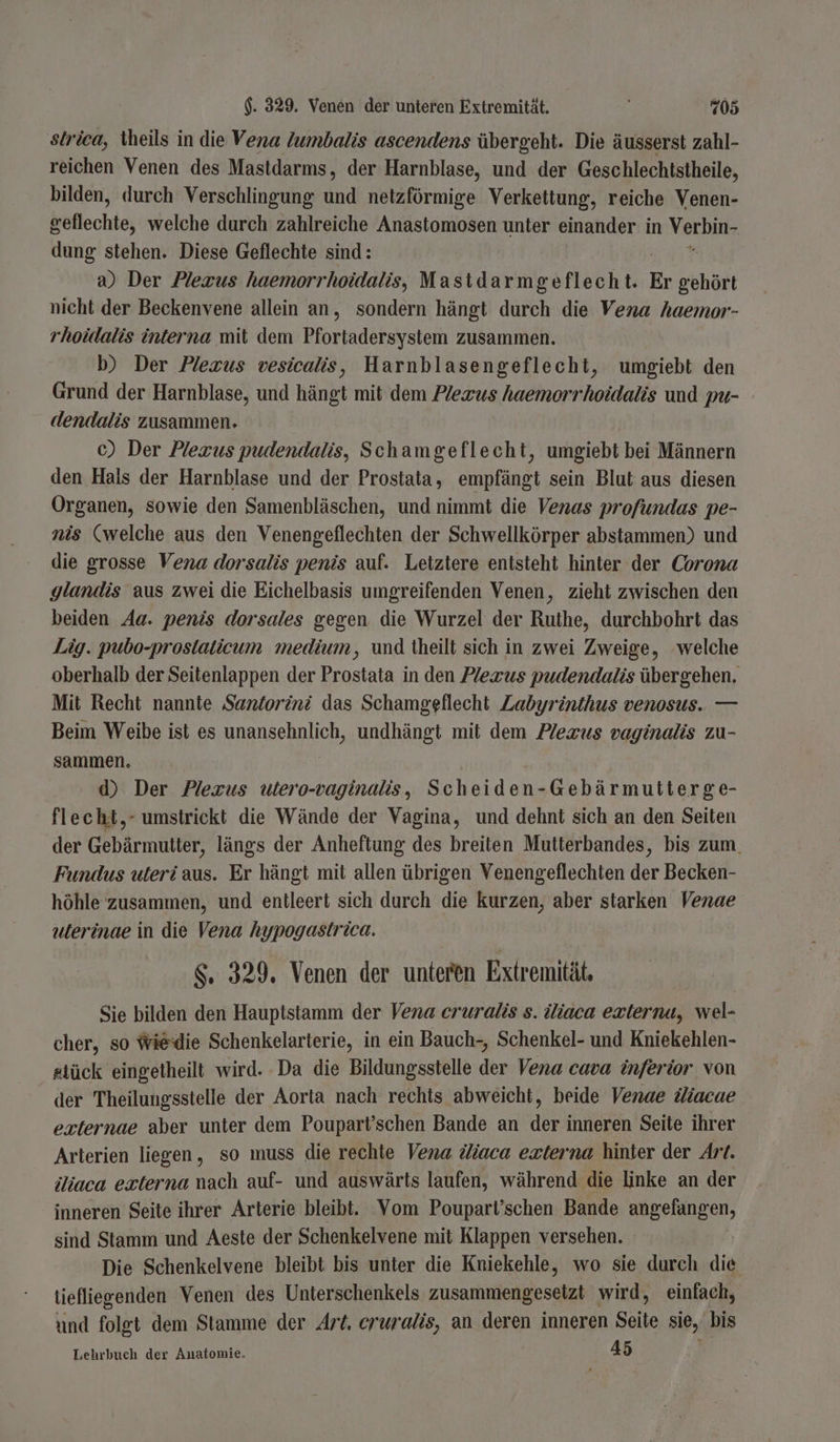 siriea, theils in die Vena lumbalis ascendens übergeht. Die äusserst zahl- reichen Venen des Mastdarms, der Harnblase, und der Geschlechtstheile, bilden, durch Verschlingung und netzförmige Verkettung, reiche Venen- geflechte, welche durch zahlreiche Anastomosen unter einander in Verhik, dung stehen. Diese Geflechte sind: a) Der Plezus haemorrhoidalis, Mastdarm geflecht. Er year nicht der Beckenvene allein an, sondern hängt durch die Vena haemor- rhoidalis interna mit dem Pfortadersystem zusammen. b) Der Plezus vesicalis, Harnblasengeflecht, umgiebt den Grund der Harnblase, und hängt mit dem Plezus haemorrhoidalis und pu- dendalis zusammen. c) Der Plexzus pudendalis, Schamgeflecht, umgiebt bei Männern den Hals der Harnblase und der Prostata, empfängt sein Blut aus diesen Organen, sowie den Samenbläschen, und nimmt die Venas profundas pe- nis (welche aus den Venengeflechten der Schwellkörper abstammen) und die grosse Vena dorsalis penis auf. Letztere entsteht hinter der Corona glandis aus zwei die Eichelbasis umgreifenden Venen, zieht zwischen den beiden Aa. penis dorsales gegen die Wurzel der Ruthe, durchbohrt das Lig. pubo-prostaticum medium, und theilt sich in zwei Zweige, welche oberhalb der Seitenlappen der Prostata in den Plezus pudendalis übergehen. Mit Recht nannte Santorini das Schamgeflecht Zabyrönthus venosus. — Beim Weibe ist es uunnsebnlich, undhängt mit dem Plezus vaginalis zu- sammen. d) Der Plezus utero-vaginalis, S cheiden-Gebä rmutterge- flecht,- umstrickt die Wände der Vagina, und dehnt sich an den Seiten der Gebärmulter, längs der Anheftung des breiten Mutterbandes, bis zum. Fundus uteri aus. Er hängt mit allen übrigen Venengeflechten der Becken- höhle zusammen, und entleert sich durch die kurzen, aber starken Venae uterinae in die Vena hypogastrica. $. 329. Venen der unteren Extremität, Sie bilden den Hauptstamm der Vena eruralis s. diaca externu, wel- cher, so wierdie Schenkelarterie, in ein Bauch-, Schenkel- und Kniekehlen- stück eingetheilt wird. Da die Bildungsstelle der Vena cava inferior von der Theilungsstelle der Aorta nach rechts abweicht, beide Venae iiacae externae aber unter dem Poupart’schen Bande an der inneren Seite ihrer Arterien liegen, so muss die rechte Vena diaca externa hinter der Art. sliaca externa nach auf- und auswärts laufen, während die linke an der inneren Seite ihrer Arterie bleibt. Vom Poupart’schen Bande BRENNEN, sind Stamm und Aeste der Schenkelvene mit Klappen versehen. Die Schenkelvene bleibt bis unter die Kniekehle, wo sie durch die tiefliegenden Venen des Unterschenkels zusammengesetzt wird, einfach, und folgt dem Stamme der Art, erwralis, an deren inneren Seite sie, ‚bis Lehrbuch der Anatomie. 45