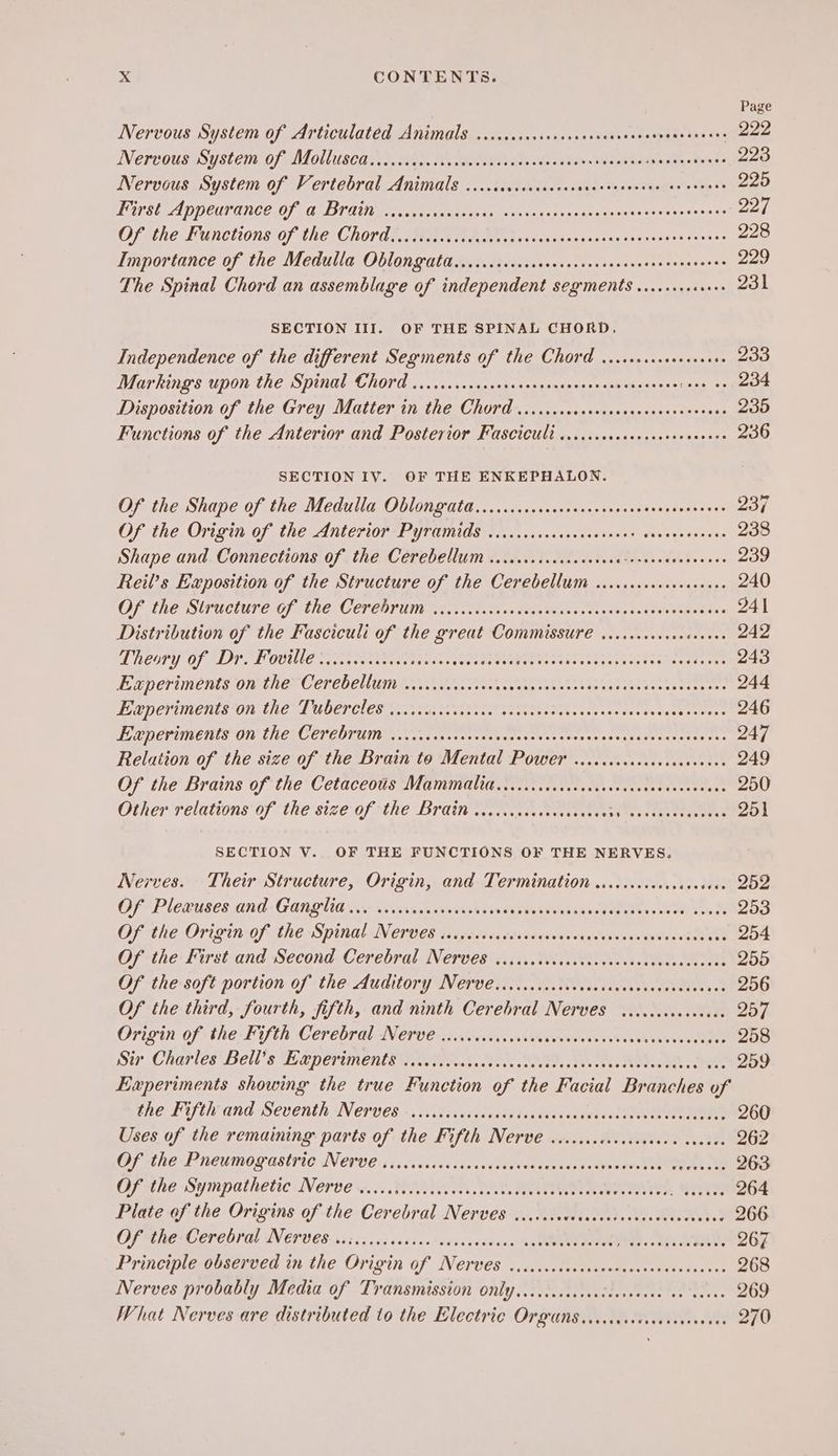 Page Nervous System of Articulated Animals ..ccccccccscsccecvccnecnecneenconees 222 Nervous System of Molluscas.s. ivid.tisiscdstststedocasss-¥ososveuserseotenss 223 Nervous System of Vertebral Animals ...ccccccococcscacecsenvcses ae cenees 225 Perse A PP CUP UNCC, OF «GDI OUT ee ae nee ae arses spss eqn kipoaei ren eeonss ae ves, Ofithe Functions of (he Chords, RUA Aiadencdecsavesceressas ons vesesstneres 228 Importance of the Medulla Oblongata.....ccsccscoecsccscsssvsccsecscsscsees 229 The Spinal Chord an assemblage of independent segments .... +1060 231 SECTION III. OF THE SPINAL CHORD. Independence of the different Segments of the Chord ...scccccesereees 233 Markings upon the Spinal Chord .......ccccesccersvsenceercenesssaces ‘asta 234 Disposition of the Grey Matter in the Chord -....evcsasversseccasesensoons 235 Functions of the Anterior and Posterior Fascicult ....ccscececsececevevees 236 SECTION IV. OF THE ENKEPHALON. Of the Shape of the Medulla Oblongrata.......ccscccscersveccscscsoscsosave 237 Of- the Origin Of Lhe: ANLerior POTN SS fon ca cc sn8>cctendeniase ess deere 238 Shape and Connections of the Cerebellum ...cceccccacencvees RL MAL 208 239 Reil’s Exposition of the Structure of the Cerebellum ....cccccccceeeeeee 240 Of (the Structure: Of the (COreprumi ten. © .ct.te ss tase tes ste ns¥et- sees eka 241 Distribution of the Fasciculi of the great Commissure ...cccccvccccncees 242 il DCOLY OF TIL. TL ODIUE pirarstcneres stone tanec remeiteate Minera tere teameeaee me 243 EGP CrINERtS OM Ter COPEUCLIVIN ARYANS, sick vevkc sore tasteacl use tiessttapers 244 PUP DOVAINGHIS OR L110 <1 UDEP CLES tnnaics tracts ites ceeteetens tense ssees tous sceyss 246 LAD CVIMENIS OF LHCSOCYEDTUMED 3 21a ss tevcackyateew se tesuetuseaetseresstes e+ 247 Relation of the size of the Brain to Mental Power ...cccscccccccceeeeees 249 Of the Brains of the Cetaceotts Mammaltd......ccccecccccccccscccccssevans 250 Other relations of the size of the Brain viccicccccecseccees a ats seat e ee 251 SECTION V. OF THE FUNCTIONS OF THE NERVES. Nerves. Their Structure, Origin, and Termination .0....cccccccecsees 252 Of Plecuses.and Ganglia via .iicisen seein sess bau ssuaasaney tee eee eee) bee de 253 Of the Origin of the Spinal Nerves ssapesaccdtsvevesvsvveceacsveeveacetebet 254 Of the First and Second Cerebral Nerves ..csceccecacccecscceccccceccecece 255 Of the soft portion of the Auditory Nerve..ciccccciacececevescecscscaccees 256 Of the third, fourth, fifth, and ninth Cerebral Nerves ...ccccceceeeee 257 Origin of the Fifth Cerebral Nerve aovwccsuves is veeeruan even van yee 258 Sir Charles Bell's Eeapertmente gener. t.. tek ite ts hee Olea a Ue 259 Experiments showing the true Function of the Facial Branches of the-Fifilv and Seventh Nerves «x .iiiiscsts ests dastassatavts seven 260 Uses of the remaining parts of the Fifth Nerve vecccccccccscecees cucece 262 Of-the Pneumogastric Nerve cs sccccssccdsssudévtvededasdaatle carte eee 263 OF the Sympathetic Nerve wei: POR as. is MO RN TE 264 Plate of the Origins of the Cerebral Nerves c.cccscescsccsscsseseusenseace 266 OFM RECEP COK aL NGF U 8.555 6.655 si6ics eis ekeves 4a PFD. 2h TIN 267 Principle observed in the Origin of Nerves ..icsccccccoccesscacosesccecees 268 Nerves probably Media of Transmission only...ccccccccccccsecsce se scene 269 What Nerves are distributed to the Electric Organs icccccccscecevcenees 270