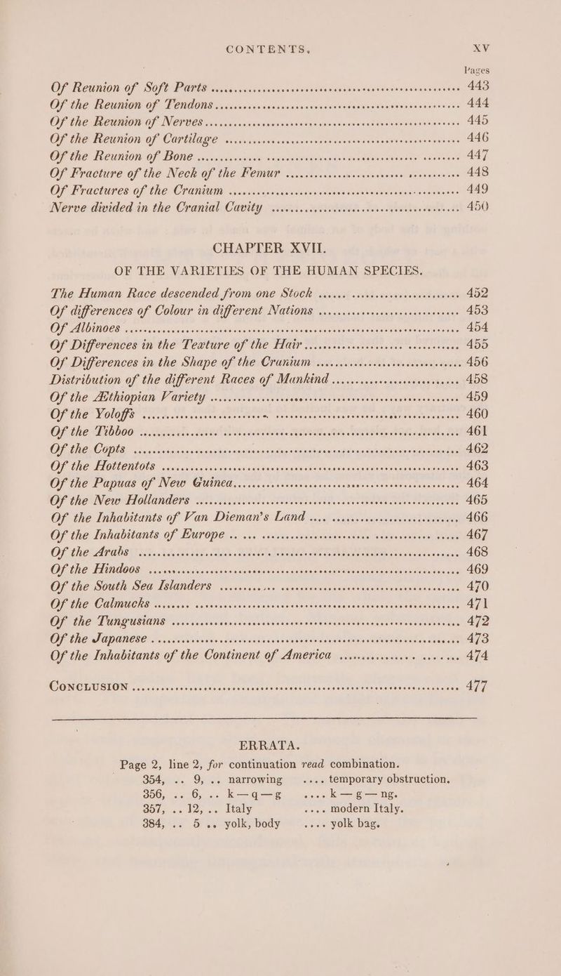 Pages Of Reunion of Soft Parts sicrcrscccoserscercvnersecsesssecasccesseseccescecene 443 OF the Reumton Of Pend one vicsesecnucesiasanncvvcersssgasdec dee siaeseesssonees 444 OF Cie TRCHMON- OF IN CPROS vis cxsxsinsie caw ins sontennoenns eneesteinn des capsasinen sei 445 OF CHE MORNIN OF COPTHEGE oi ia vivsannwssnunsccnatdsussieeckaasiye saieneeaaiesae 446 OF the Hewiion Of BONE sicccsnicinsda soaves asouowuedes delesanies sonseds sBaeene: 447 Of Fractuve of the Neckaf the FOR Joc. casescuvae vince ences dpicmhun tet 448 OF Fractures Of Tae COOMUB. .iu0 ices vcavaveses sionabanaaese sin naase ssessinaes 449 Nerve divided in the Crantal Cavity wisi. .tyciididae vias Buea dae 450 CHAPTER XVII. OF THE VARIETIES OF THE HUMAN SPECIES. The Human Race descended from one Stock vecsce csscccscccccecescseeees 452 Of differences of Colour in different Nations, .........cecescecsosseeaesens 453 OF PRIIOOS era stsince aia eiainis oak avin das ilo bsatslew neta wide MGaisielg Oana SOTO SAT Neel 454 OF Dif ercnecs tr the Teatro OFTHE TIA Sivcan tan taastecosten nacvcotnees 455 Of Differences in the Shape of the Cranium ...cccccrcscecscccecscvereecees 456 Distribution of the different Races of Mankind ........ccceccesevecesesees 458 Of the Asthiopian Variety. ...ic.cccccvecsvees piled Uleate olka Sain wetaae rials einS 459 NOS ora ickesge ranean Meee a” aos ancammanin sustenance Ea Martie 460 OF the Dibbo0 << ciciets IROL PAS. ROI OR RINE AVI LOA 461 Oe TOO daisies tesniy seas ni chin ak ila ahual nites ado and ecbslucieavlaciaasi San 462 i OOO ge se cain sone sip ais bah harm maaiee hate as tar cannsie da cove uubion hinds Nee 463 Oy le Faas Of NOW GUase. vckcsce.cecusinsa sce sughowss sisee#eals dulasainsiene 464 Oy Rete Tiellander? 28 AAO ERE ERS ee ee 465 Of the Inhabitants of Van Dieman’s LGNd 1. ccsseneenesccsersceseecuss 466 Of the Inhabitants of Europe .. 1. ssescecosssersecersaree sernsvececes coves 467 OF the APabes) 315.5 bl ES 2bE, SAAS -PSISA TG eR Eh ots tole spisorwsl 468 Of the Hindoos ..... aia hcaitncs intiga evaslolyseis'es io. vine na <i onprae Ante ens ere mate sie pts wis 5 469 OF the Seabe SOG ASIANGETE co ussscus ssn exnesctnrsoribines qabarindaetearas vas 47 OF FE © BIE Sohivvins sda ibeswendsvnwnbunagnlemuatanesenbasannean tied POKAbAa ens 471 ee PURINE ve Sic ses denavndnoase shisha dea eageeneebekan ts Ver eee ae 472 OF eT COBO Sass ee Riesiovnies dd een Deas ehcinabteenNGs Metin MUMAR CAR Teh A 473 Of the Inhabitants of the Continent Of AMericd ..ccecceccesecee see eees 474 nO caisson ese caciewagienrsnies Vransdahecaangaemscnecansldimdin anata 477 ERRATA. Page 2, line 2, for continuation read combination. | 354, .. 9, .. narrowing .... temporary obstruction. 306, .. 6, .. k—q—g ooo K—G— ng. aol, ss 12; +. Ttaly .... modern Italy. 384, .. 5... yolk, body ooo YOlk dag.