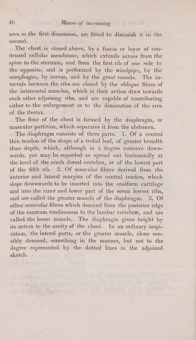 area in the first dimension, are fitted to diminish it in the second. | The chest is closed above, by a fascia or layer of con- densed cellular membrane, which extends across from the spine to the sternum, and from the first rib of one side to the opposite, and is perforated by the windpipe, by the cesophagus, by nerves, and by the great vessels. The in- tervals between the ribs are closed by the oblique fibres of the intercostal muscles, which in their action draw towards each other adjoming ribs, and are capable of contributing either to the enlargement or to the diminution of the area of the thorax. The floor of the chest is formed by the diaphragm, or muscular partition, which separates it from the abdomen. The diaphragm consists of three parts. 1. Of a central thin tendon of the shape of a trefoil leaf, of greater breadth than depth, which, although in a degree concave down- wards, yet may be regarded as spread out horizontally at the level of the ninth dorsal vertebra, or of the lowest part of the fifth nb. 2. Of muscular fibres derived from the anterior and lateral margins of the central tendon, which slope downwards to be inserted into the ensiform cartilage and into the inner and lower part of the seven lowest ribs, and are called the greater muscle of the diaphragm. 3. Of other muscular fibres which descend from the posterior edge of the centrum tendinosum to the lumbar vertebrae, and are called the lesser muscle. The diaphragm gives height by its action to the cavity of the chest. In an ordinary inspi- ration, the lateral parts, or the greater muscle, alone sen- sibly descend, something in the manner, but not to the degree represented by the dotted lines in the adjoined sketch.