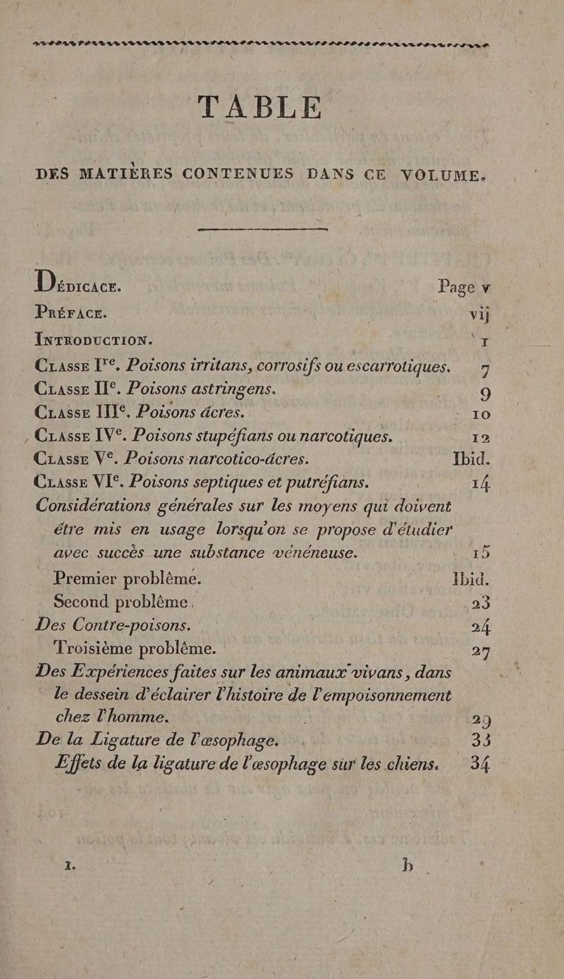 DER UD FERRY VE VERRE LEVE VE PPOY PILE LLLLAGIES ANSE PTLLRR TS ES D LA T A t TABLE DFS MATIÈRES CONTENUES DANS CE VOLUME. Déiciée | Page v Préraces. | vi} IxrronucTIoN. ‘r Crassr [°. Poisons irritans, corrosifs ou escarrotiques. 3 Casse IT°. Poisons astringens. | 9 Czasse III, Poissons dcres. 10 , Czasse IV°. Poisons stupéfians ou narcotiques. 12 Czasse V°. Poisons narcotico-äcres. Ibid. Casse VI°. Porsons septiques et putréfians. 14 Considérations générales sur les moyens qui doivent étre mis en usage lorsqu'on se propose d'étudier avec succès une substance vénéneuse. AG de Premier problème. Ibid. Second problème. 23 : Des Contre-poisons. | 24 Troisième problème. 27 Des Expériences faites sur les ammaux vivans, dans le dessein d’éclairer l'histoire de l'émpoisonnement chez l’homme. | 29 De la Ligature de l’æsophage. 195 Effets de la ligature de l'æsophage sur les chiens. 34