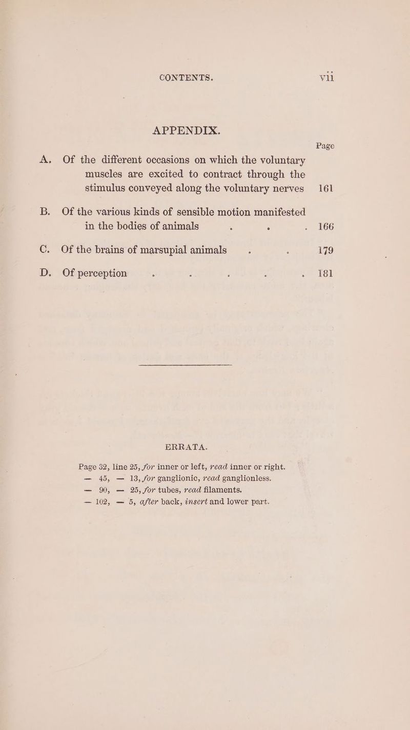 APPENDIX. Of the different occasions on which the voluntary muscles are excited to contract through the stimulus conveyed along the voluntary nerves Of the various kinds of sensible motion manifested in the bodies of animals . A Of the brains of marsupial animals ; : Of perception : : ; f ; ERRATA. Page 32, line 25, for inner or left, ead inner or right. — 45, — 13, /or ganglionic, read ganglionless. — 90, — 25, for tubes, read filaments. — 102, — 5, after back, insert and lower part. Page