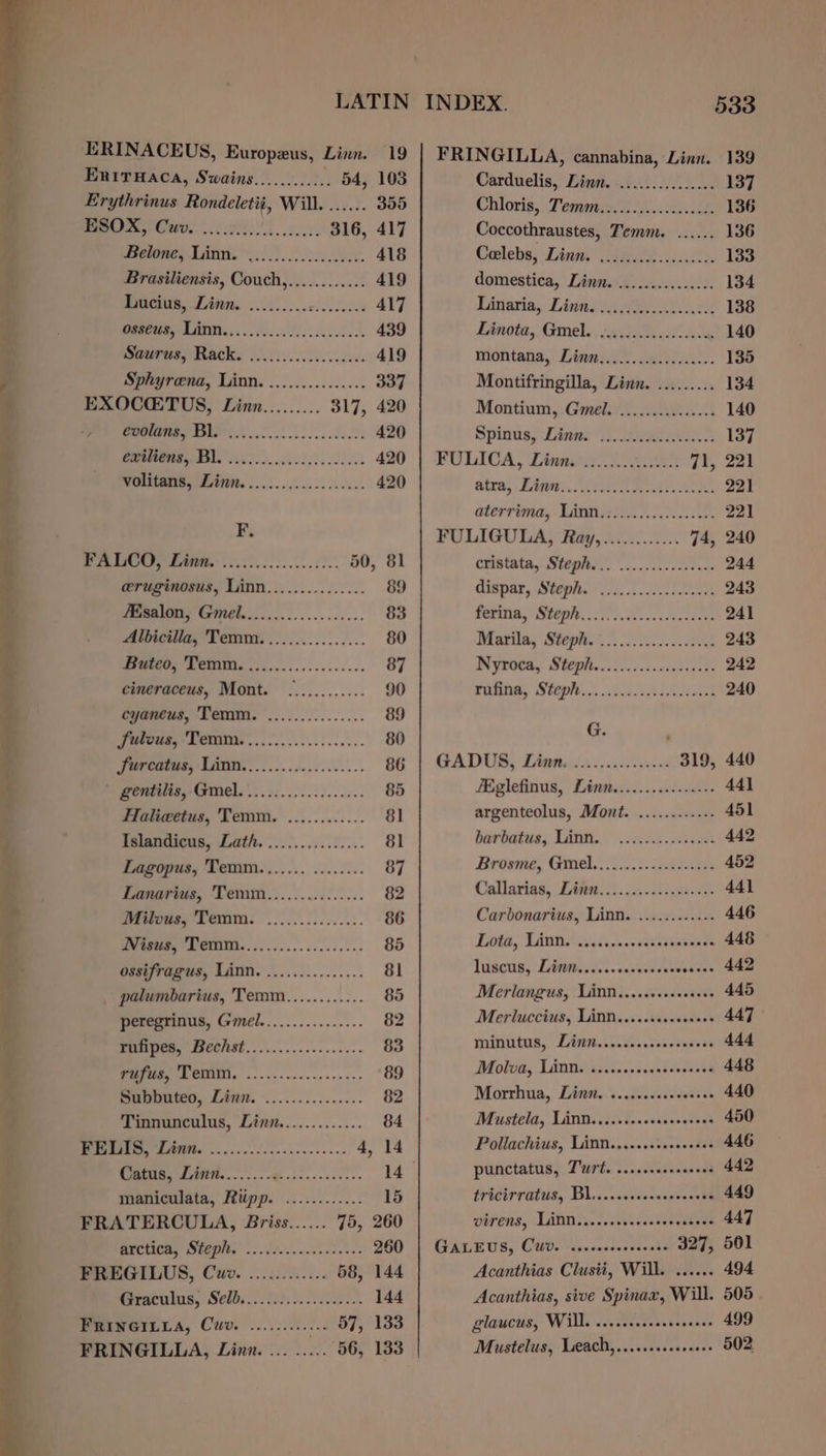 ERITHACA, Swains........... . 54, 103 Erythrinus Rondeletii, Will. ...... 355 99 Se 6” 316, 417 weetone, Liinrt.:).). 2) lee. 418 Brasiliensis, Couch,............ 419 Bente, Litem. 62.2... ooen 417 PMLA 439 So) 419 Sphyrenc, Linn. ............... 337 EXOCETUS, Linmn......... 317, 420 oo 0) Sa ne re 420 bl 1 Sa 420 OU ae 2) 420 F. FALCO, Lina. ..........0006080. 50, 81 eruginosus, Linn............... 89 fisalon, Gmel.................4. 83 Albicilla, Temm. ............... 80 Prmerte POMS 0. ..&lt;....c0.0ce. 87 cineraceus, Mont. ............ 90 cyaneus, ‘Temm. ............... 89 Puro, OMI... oo... 2... 2.0. 80 Jureatus, TANN........ 42.6.0... 86 \ gentilts,-Gmel. ...........5...4.. 85 Flalieetus, Temm. ............ 8] Islandicus, Lath. ......,........ 8l Lagopus, Temm....... ........ 87 Lanarius, Temm............... 82 gusus, LemM: ............... 86 Wy tteay WOM... ee... 85 ossifragus, Linn. ............... 81 _ palumbarius, 'Temm............ 85 peregrinus, Gmel................ 82 i 83 NS A i 89 Subbuteo, Linn. ............... 82 Tinnunculus, Linn............. 84 eo 4, 14 6 AE Se 14 maniculata, Riipp. ............ 15 FRATERCULA, Briss...... 75, 260 BVCUCiy SPE. 008... occa tee. 260 FREGILUS, Cuwv. ............ 58, 144 Graculus, Selbd..............00.. 144 PeISeILLA, Cuv. ....2.0.0.. 57, 133 FRINGILLA, Linz. ... .. ... 56, 133 Carduelis,. Linn. -.2.... 0.0.2.0 137 Chloris, Temmys 2 cc 136 Coccothraustes, Temm. ...... 136 Colebs; Ling” ke i202 133 domestica, Linn. .....2.0..0002. 134 Linaria, Linn. (aati 138 Linota, Gmel. 36.20.2000) 66.8 140 montana, Linn..............00+ 135 Montifringilla, Linn. ......... 134 Montium, Gmel. ............... 140 Spinus, Linge). 20a 137 FULICA, Linnse..0..2000 a1, 221 atra, Dine.. Tad. al eo 221 aterrima, Lintiezio. 0.00. 0.000. 221 FULIGULA, Hay,........... 74, 240 cristata, Steph... ........ccceees 244 Gispar, Steph) .s oe 243 Peminia, Steph. iT ke sdee cone 241 Diarila, Stopes. 07.0 243 Wyroea, Steph. 62 .sivs&lt;4-4- 242 Fuiine, Steph....4i452.008s0% 240 G. , GADUS, Linne.2.......0.0600 319, 440 Figlefinus, Ditties... aici 44] argenteolus, Mont. ............ 451 barbatus, Lanti. .scelk ese 442 Broome, Goel. 3529. ares 452 Callariga, Zire.) 20% coat. 441 Carbonarius, Linn. ..........-. 446 Lota, Lint. sgiscccccdiectavenes 448 Tusctis, LAW. saveceguce eevee 442 Merlangus, Linn.........s00ee. 445 Merluccius, Linn.........ces0+ 447 minitus, Linn... si...seevanees 444 Molva, Linn.) s......s.csieecdeees 448 Morrhua, Linn. ........cececees 440 Mustela, Linn........sseceeesens 450 Pollachius, Linn......0cseceeses 446 punctatus, Trt. .....s.eesereee 442 tricirratus, Bl... &lt;idvecasseeeeth 449 virens, LiNt....cscccccsoeressens 447 GALEUS, CUv. -scccescssscecse 327, 501 Acanthias Clusii, Will. ...... 494 Acanthias, sive Spinax, Will. 505 glaucus, Will. .....seceeeeeseees 499 Mustelus, Leach,........sese0+» 502