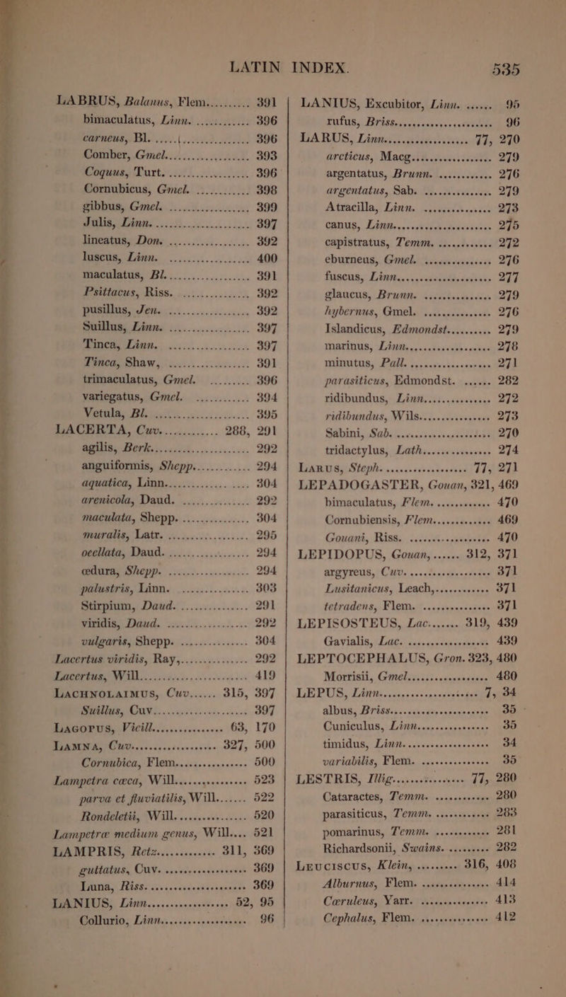 bimaculatus, Linn. ............ 396 carneus, Bl. ..... Li come eidas 396 Manaher, Gitles ii. .o.. gu 02. 393 ogeesy Turts i000 2. ocacd vel 396 Cornubicus, Gmel. ............ 398 COM 0 \) Ss rr 399 ST a eae 397 a 392 ES a ee 400 ES | 391 Peete S, TASS. 0.4. eo sce lh 392 OE 6 392 TS 397 6 LT ae 397 0 OE 391 trimaculatus, Gmel. ......... 396 variegatus, Gmel. ............ 394 ES: a 2 oe 35 LACERTA, Cuv............. 288, 291 EES 5 ee 292 anguiformis, Shepp............. 294 aquatica, Linn.............. .... 304 arenicola, Daud. ............... 292 maculata, Shepp. ...........-.-. 304 Es er 295 pT a 294 Po 294 Wnalecsivie, MANN « |. ..5...- 22000. 303 Sting, Data.) .........:..... 291 a 292 puigaris, Shepp. ........:..-... 304 Lacertus viridis, Ray,..............- 292 fy pt a 419 LACHNOLAIMUS, Cuv...... 315, 397 Se Sa ae 397 BANGOR Uy VICI. ion. vsessceves 63, 170 ERIM OC HDA. ode ondnawesssds 327, 500 Cormabica, Elem... i55...1.002. 500 Lampetra coeca, Will......4..+00+00+ 523 parva et fluviatilis, Will....... 522 Rondeletit, “Will. ..s0..000..0.+. 520 Lampetre medium genus, Will... 521 BIA MEP RIS, Bete......&lt;..09%- 311, 369 Zultatus, CUV. ..ccorcssesseseree 369 Luna, Riss. .....cscccsseesecsare 369 BEANS, Limit... scacncadsn one 52, 95 Gidlario, Litttes..0s-&lt;&gt;.oecenin- 96 | LIA IES ayaa a vies vss 5 eta 96 iA RUS, Liss s cgpsdse tices 77, 270 arcticus, Macys caus iccdkh. 279 argentatus, Brunn. .......0000s 276 argentatus,, Sabie iQ. .0dasvas ses 279 Atvacilla,, Live. .i sats 0s 208 273 Cans, Litas... &lt;ctsdeb ates iades 275 capistratus, Tema. .....eseseee 272 eburnens,,, Gel Siades oeiviswss 276 faneus, Lttpts. «cosets aadtiee 277 glaucus, Brunn. ...sccsccsccees 279 hybernus, Grebe: vcisussdvces cd 276 Islandicus, Edmondst.......... 279 marinus, Lists ss ...dssinze oaks 278 WR Pale os cava tan vast pas 271 parasiticus, Edmondst. ...... 282 ridibundus, Lini.......cecseeee 272 ridibundus,. Wilss. ....issventees 273 LT Rn ae POSS ey A 270 tridactylus, Lath........ssee0e 274 PA WES ivan snccavecdndonesil 77, 271 LEPADOGASTER, Gouan, 321, 469 bimaculatus, Flem. ......60008- 470 Cornubiensis, F’lem......0..000 469 Crovant, inte onsets eppeemiide 470 LEPIDOPUS, Gouan, ...... 312, 371 ATZYTCUB, CUV. ...0docsdsoredeses 371 Lusitanicus, Leach,.....0&lt;+++ 371 teitradens,, Flows. ..siyeucssteve 371 LEPISOSTEUS, Lac....... 319, 439 Gavinlis, LeG0s:cnsoccnaies ssa 439 LEPTOCEPHALUS, Gron. 323, 480 Mortisil, Gel joyiis.scpontaien 480 LE PUS, [Ai . cciaosdesacedoete ges 7, 34 Bike Brains iaiiday vapnne agen 39 ° Gurmiculus. Sst susp &lt;n icna ps nvnas 30 HM idus, Lisi. ...sccncccercerees 34 variabilis, Flem. .....s.esssees 35 LESTRIS, Tilig.... 030, &lt;0ne0 77, 280 Cataractes, Tem. .....0c0000 280 parasiticus, Te. ...+.se0ee- 283 pomarinus, Tem. ....cereees 281 Richardsonii, Swains. ......+.. 282 Levuciscus,. Kleiny, .s...000+ 316, 408 Alburnus, Elem atest dacaeee 414 Creruleus, Yarte i sricanaciee sds 413 Cephalus, Flem. ....ssceeseeees 412