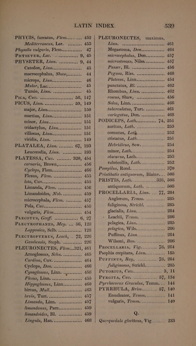 PHYCIS, furcatus, Flem.......... 452 Mediterraneus, Lar. .:....... 453 Physalis vulgaris, Flem............. 47 fie fp ak hn ae are ey 9, 45 PHYSETER, Linn: ......ccc00. 9, 44 Catodon, Linit......cccceesseeee 45 macrocephalus, Shaw,......... 44 PURUT OA? CITI bia, Acetic cesccces 46 ad fae ae 45 Pr, Loin Tei cestbeds ¢ 45 PERE OI 050i ea 58, 147 Py) LARM, diced Meee: 59, 149 IBBJOR, Dense ees ess cises cases 150 Martins, Dini... ....seiecseese 151 MOE PAHs cecckiccslececsscsts 151 tridactylus, Linn.........sc000 151 VIMOSGS HL Amma ii lives csescees 151 WEIGINS LAWN. cidisceedeedsiddes 149 PLATALEA, Linn. ......... 67, 193 Leucorodia, Linn. .........00 193 PLATESSA, Cuv. .......:. 320, 454 carnaria, Brown,.......sseseees 456 CHOP, FCM. ccs i actdecces 466 PAPROR Sy, Lb. as eek oat cvaccess 455 Pg ON cons tiie dWlecedhinet eves 455 Limanda, Flem..........escce0e 456 Limandoides, Nob. ............ 459 microcephala, Flem. ........+. 457 PRE foes ca lcdich oweliceds 458 es 454 Pecos US, Gey, wees ioc des' 6, 27 PLECTROPHANES, Mey. ... 56, 128 Lapponica, Selb. ........scese0e 128 PLECTROPTERUS, Leach, .. 72, 226 Gambensis, Steph. ............ 226 PLEURONECTES, Flem...321, 461 Arnoglossus, Sch. .........00 465 OOS OTN Ap ee 464 COS DOU eee dens ve tens see 466 Cynoglossus, Linn. ..,......+.- 458 Pees TANI bo ei sesec cesses’ 455 Hippoglossus, Linn........+++- 460 POPRU SINTON. cies acvsesesestec's 463 Peis PUTEARAVL. .0.scecdstie. 457 Darreinda, LADD.) ave ds owes aed: 457 Limandanus, Parn......ceeseeeee 459 imandoides, Bl.» ...s..ssscceeee 459 Prnrila, Hans, .2yerei lsat. 468 PLEURONECTES, maximus, Tl ei pe it aioe RP BF 461 Megastoma, Don..........s000 464 microcephalus, Don.........++- 457 microstomus, Nilss. ......+..+0. 457 PP thager 5 DAG Rr gaes oavee- 456 Pega, Hiss, : : nctesdennssenth- 468 Plotessa,, Link... bist inc. 454 punctatin, Ble sssvedh shadesoten 462 Rhomb way Linn asiccidessn etd. 462 roscus, Shaw, ......- te ere 456 Soleas LAMM, » isasteeskaatayeaeer 466 tuberculatus, Turt. .......0000+ 461 variegatus, Don. .s.vassasseses. 468 PODICEPS, Lath.........+04. 74, 251 AUS, Tia: yannnxddd tach 253 cornupus, Gath, . 25g 252 Cnatats «Lath, &lt;4..1..2eewea. 251 Hebridicus, Sow. ......0..0000 254 WEE, MO Sy icnininss eet 254 pbscwrnts Lath)... ccc ccisats- 253 Pubricoilis, Lathes 5)... sas iseny 252 Pompilus, Rond. .......00...2ss0ks- 370 Pristibatis antiquorum, Blainv.... 508 TIS, Lathes i on cietes vote 328, 508 antiquorum, Lath. ............ 508 PROCELLARIA, Linn. ... 77, 284 Anglorum, Temm. ........-2:- 285 fuliginosa, Strickl. ............ 285 glacialis,: Ginn, - cic ae 284 Leeachii, Temeon. % : va ieueun 286 pelagica, Linn...............000- 285 pelagica, Wis... 0.5 ..cckeeoers 286 Puftinus, Lévrt..iicds.d. stones: 284 Wilsoni, Bon. aitoy ii, eee 286 PRoOcELLARIA, Vigsi...asud 78, 264 Psophia crepitans, Linn............. 185 PUFFINUS,. Hay, 258-100 78, 284 fuliginosus, Strickl............. 285 PW TORIOS, Cite. ..00Re Geta 3, 1k Pyaciva, Cay: 2282. 57, 134 Pyrrhocorax Graculus, Temm. ... 144 PY RRAULA,. Brisssga.s 57, 140 Enucleator, Temm............. 141 vulgaris, Temm. ...........203. 140 Q. Querquedula glocitans, Vig......... 233