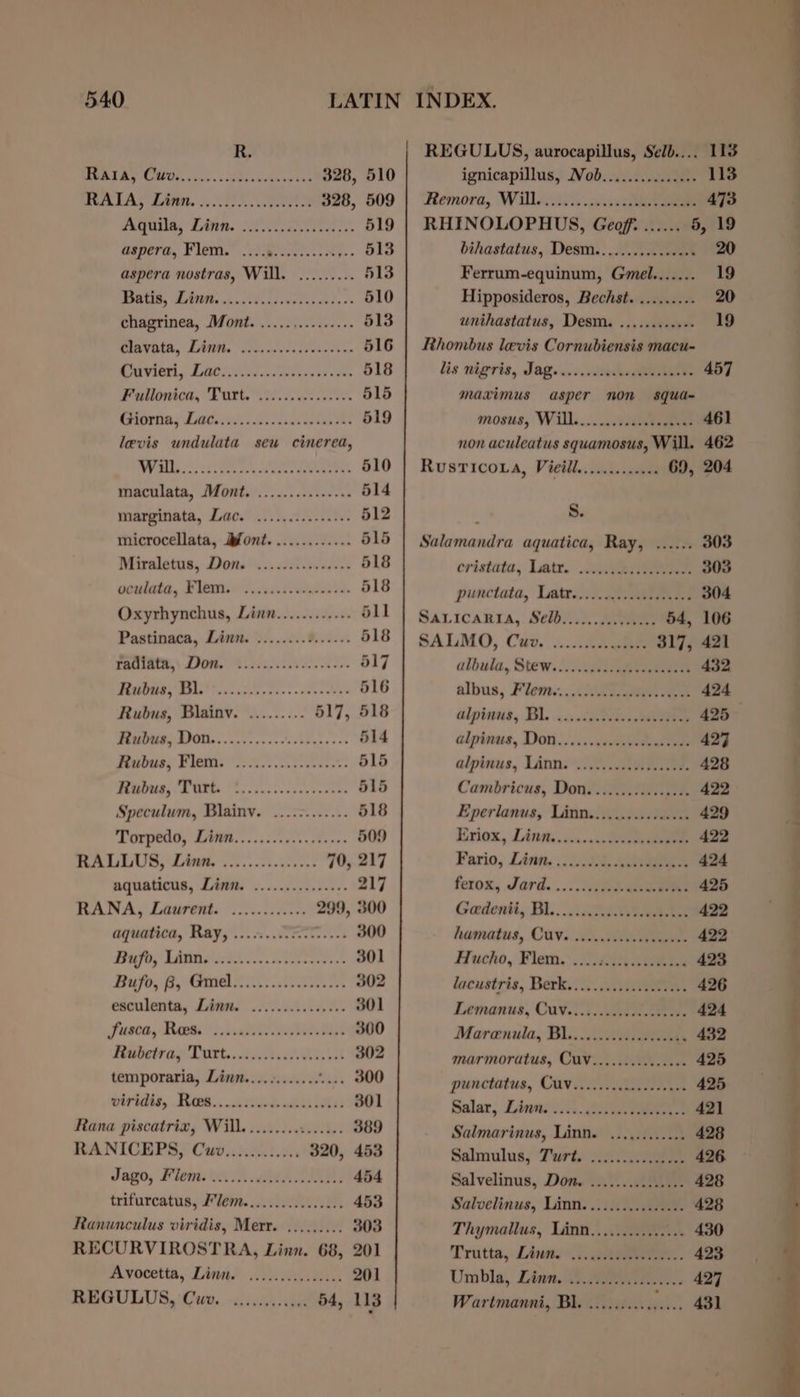 R, POR EMG AMO sc0&gt; sR ceckenw ake 328, 510 POALA, Thane ily ete 328, 509 mG, Link. ans 519 arent, FACIL cece. stg &gt; 513 aspera nostras, Will. ......... 513 MPECIO, (Lets unas Pads vores dati os 510 chagrinea, Mont. .....,.....+.+ 513 CeevOtn, LAMM, Gosanvccseterinn 516 Cuvier, Dar nti: .cevass es veee 518 Feationicn, Tart. iiss astarsves 515 Sorprting Dats yous. crc areka ses 519 levis undulata seu cinerea, pt PaaS Lr Sir At 510 maculata, Mont. .......0..0000 514 marginata, Lac. .....cc...00ts. 512 microcellata, Mfont. ............ 515 Miraletus, Don. ..........-..+- 518 voulata, Fiagt oy. iver. 518 Oxyrhynchus, Linn............ 511 Pastinaca, Linn. 3......0.. 0:6. 518 Pare, Doms NA. 517 IGOR ES tieciee sss. -saences 516 Rubus, Blainv. ......... 517, 518 co SRY | CC) RA ae ee + Ba 514 Weepbiis; FRBONS Ps ees keeeess? 515 POROME SE COD Mie cane vevsack&gt;s tee 515 Speculum, Blainv. ....:....... 518 Torpedo, DUG. . ...:0.50+-stenn- 509 RALLUS, Linn. ..........:...- 70, 217 aquaticus, Linn. ...........6+ 217 RANA, Laurent. ............ 299, 300 aquatica, Ray, ...5..070T..... 300 Tb LAMA PAS. wieencs ess 301 Davo, 8, Greats a ee 302 esculenta, Linn. ....056.50.00. 301 fusca, Roos hae Re 300 MubetranLurt.,.ditsar ein 302 temporaria, Linn............ .... 300 viridis, .Rees...0i04 agit 301 Rana piscatrix, Will................ 389 RANICEPS, Cuwv............ 320, 453 Jago, Flem. wed aah Tan; 454 trifurcatus, Flem................ 453 Ranunculus viridis, Merr. ......... 303 RECURVIROSTRA, Linn. 68, 201 Avyocetia, Link) 0.4. bk 201 REGULUS, Cwv. ooccccccccs. 54, 113 REGULUS, aurocapillus, Selb.... 113 ignicapillus, Mob............... 113 Remora, Wille iit eee 473 RHINOLOPHUS, Geoff. ...... 5, 19 bihastatus, Desm..............+. 20 Ferrum-equinum, Gmel....... 19 Hipposideros, Bechst. ......... 20 wnihastatus, Desm. ..........+- 19 Rhombus levis Cornubiensis macu- lis nigris, Jage.....dcusctbesverse 457 maximus asper non squa~ mosus, Will....., eeleronene 461 non aculeatus squamosus, Will. 462 RusTicoua, Vieill....%...00es 69, 204 } S. Salamandra aquatica, Ray, ...... 303 cristata, Latr. ieee 303 punctata, Late). ae 304 SaLicakia, Selon. eee 54, 106 SALMO, Cuz. aR 317, 421 albula, Stew. |. arian 432 albus, Fléwss.. don eeees ee 424 dipinus, Bl. ....csceseveeseatenes 425 alpinus, Doni......0casbeaeateuns 427 alpinus, Lanni®...0,.Wiiiee 428 Cambricus, Don. ............... 422 Eperlanus, Linnsii..jsavn 429 Eviox, Lint. c..ukneee 422 Fario, Linn. 0, Ae 424 ferox, Jord. ..)- ean 425 Gadenti, Bl.. .Astmeainan 422 hamatus, Cuve ......cccecsesere 422 Hucho, Flem,:. 7h ieee 423 lacustris, Berk. . 20.0... 426 Lemanus, Cav. AA 424 Marenula, Bi... 2a 432 marmoratus, Cuv.....:......06+ 425 punctatus, CUv.....ccckisssceacs 425 Salar,. Linn. i..5. Svat 421 Salmarinus, Linn. ............ 428 Salmulus, Tart: SRA 426. Salvelinus, Don. ............... 428 Salvelinus, Linn. 320. eee 428 Thymallus, Linn............... 430 Tratta, Linas. aaa. - 423 Umble, Lian. Geen 427 Wartmanni, Bl. scien Bi .T. — - = 2 Se) ee