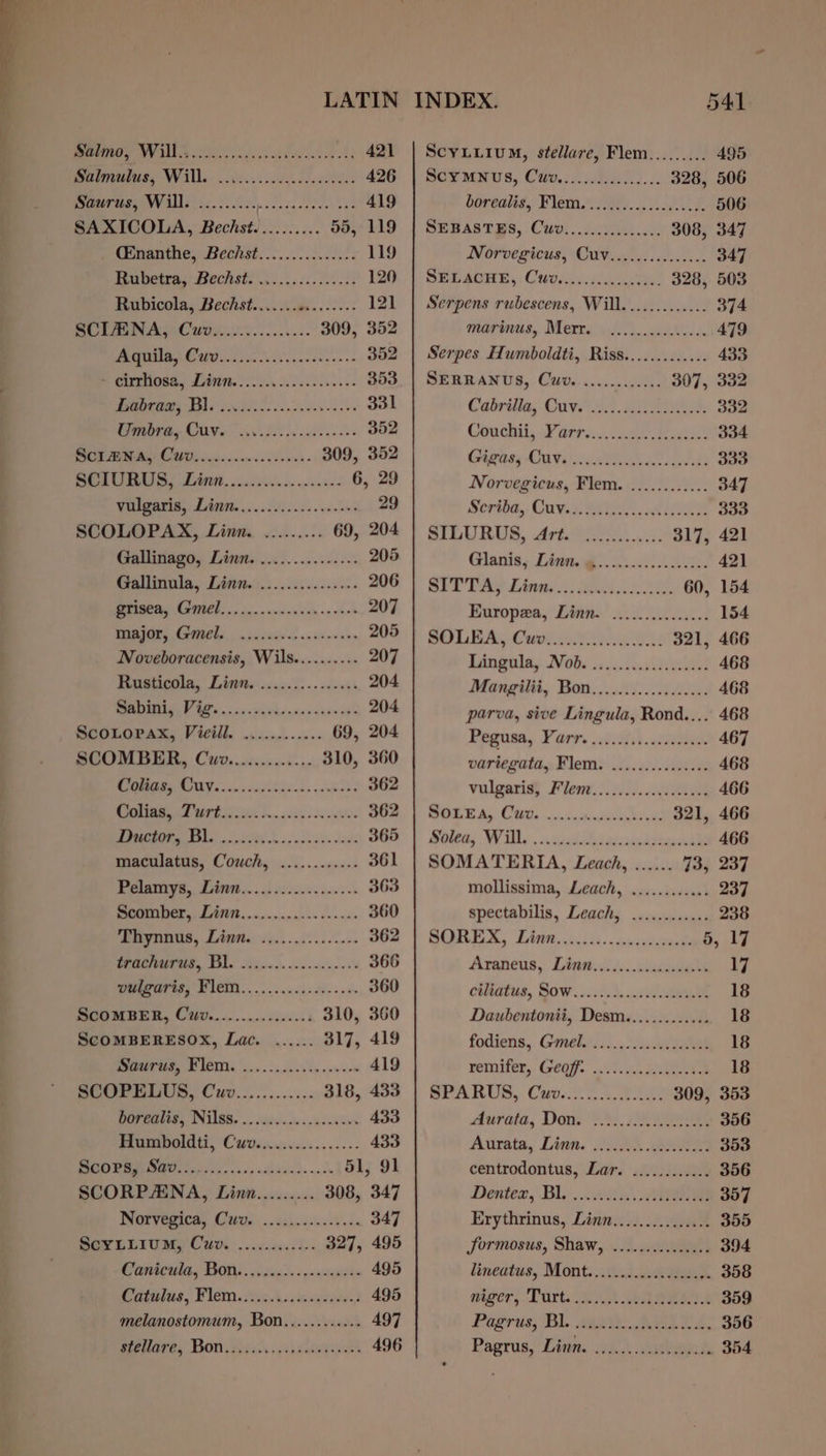 BO On en ete ge Ne 421 mrrrrnceray: Wille: .viccx.sudyeedecetee- 426 Saurus, Will. ......... MES he ANA. 419 SAXICOLA, Bechst.......... 55, 119 (nanthe, Bechst........:...... 11g Beupetva: Pech sb... 120 Hubicola, Bechst...cge..-..: 121 SCLAEINA, Cuv............... 309, 352 EUG asc w el ene dee an eo 352 CUT OBA, Sli.) ieee 353 PO eR 21 Oe See 331 PPO CAV | av Pil is adi a os 352 Fo 309, 352 SCIURUS, Lina. ............005-- 6, 29 Vulgaris, Lis. ...06.i).6s suse 29 SCOLOPAX, Linn. ......... 69, 204 Gallinago, Linn. ............... 205 Gallinula, Gistne..:..0..0. 6.200. 206 ABET ICD oo din w wm nic ny «&gt; olen 207 ee 205 Noveboracensis, Wils.........- 207 Eepemtacoies Ldn scsi... cenyh 204 Te 0 ore oe reer 204 BCOLOPAM, Vici. ohcene. anes 69, 204 SCOMBER, Cuwv............. 310, 360 WE MOUs ca coiuhoaends .whre, 362 AT a ee 362 2° et | ee es 365 mincolatus, Conch, ......&lt;s00+ 361 oy ee! ee 363 Scomber,, List1.......0..00 0.0.04 360 Thynnus, Linn. .,..........-+- 362 los al 6 Rie i a 366 maaris, WleM............5--.0 360 BOOMBER, Caiv........ 6400004 310, 360 ScoMBERESOX, Lac. ...... 317, 419 As a aes 419 SCOPELUS, Cuv............ 318, 433 Borne lee,, NIUBSS, ... daivinos.-lasaudes 433 Bumboldti, Cade iuve.......-- 433 SS | ee 51, 91 SCORPENA, Linn......... 308, 347 Notyegica, Caos. ..ci.iscea.tsce 347 Ser ELIT y Curr ...cc0005.. 327, 495 Canicula, Bon. ..cicns. s.saciesee 495 Ridius, lem. Need sstceet! 495 melanostomum, Bon............ 497 RIEAPE, TOT isc. . ponte ks 496 ScyLLiuM, stellare, Flem......... 495 ROE MAUS, Cats ded... 328, 506 bareati#, Plem. 8.2 Atk 506 SEBASTYS, Cwo...)69i.2.0.. 308, 347 Norvegicus, Cuv.iss. 2.0.2.5. 347 AOE Ty Cee yds woe 328, 503 Serpens rubescens, Will............. 374 marinus, Mere if. sca: davlcd 479 Serpes Humboldti, Riss............. 433 SERBRAN IG, Cvs. cocseaurtss 307, 332 Cabrilla,. Qawe i.) sine. 332 Coachil, Parte.cindc dia 334 areds ON neds 333 Norvegicus, Flem. ............ 347 Seriha,. Cavey Bigs: ALE 333 SILURUS, Arto si: 317, 421 Glanis, Linn @.. 2565000. 421 Bre Dae Llnnds), Bee 2B, 60, 154 Europea, Linke .......0.....6. 154 Rr LGAn Curioni et! 321, 466 lingala, Noobs o6. 2.3 eee 468 Mangilii, Bon...........06.00. 468 parva, sive Lingula, Rond.... 468 Feguas, Yorr. iii iit 467 variegata, Flem. .............+- 468 vulgarity Files.) tii. cea 466 OE Why CW. as sccm sche 22 321, 466 Soee, WH... cul bimundecay 466 SOMATERIA, Leach, ...... 73, 237 mollissima, Leach, ............ 237 spectabilis, Leach, ............ 238 OAD Oa 0 ee eee 2 Bo ke Araneus, Lintteiis..cisisewabs 17 ciltatus, Sow. 1.15.5, 18 Daubentonii, Desm............. 18 fodiens, Gmel. .ic.c400dedeeh 18 remifer,. Geof. \0T nn oe 18 SPARUS,. Caw. Ae 309, 353 Aurata, Dons 3 ees 306 Aurata, Linn. 004.220 393 centrodontus, Lar. ............ 356 Denier, Bl... eee 357 Erythrinus, Linn............... 355 JSormosus, Shaw, ............... 394 lineatus, Mont........06.ccecces 358 gager, Tart. 200 Gees 359 Peers, BI. MRA ee Ee, 356 Papras, Didn. 24.) ceeeuh 354